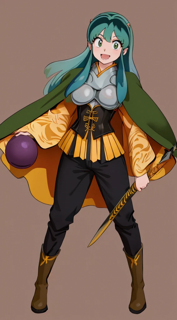 masterpiece, best quality,medieval armor, corset, breastplate,lum, , urusei yatsura, cloak, pants, pullover, kimono,martial pov,, pantyhose, sharpteeth, standing,smile, matial art,, full body, boots , pant, medium breast, pants, pullover,martial pov