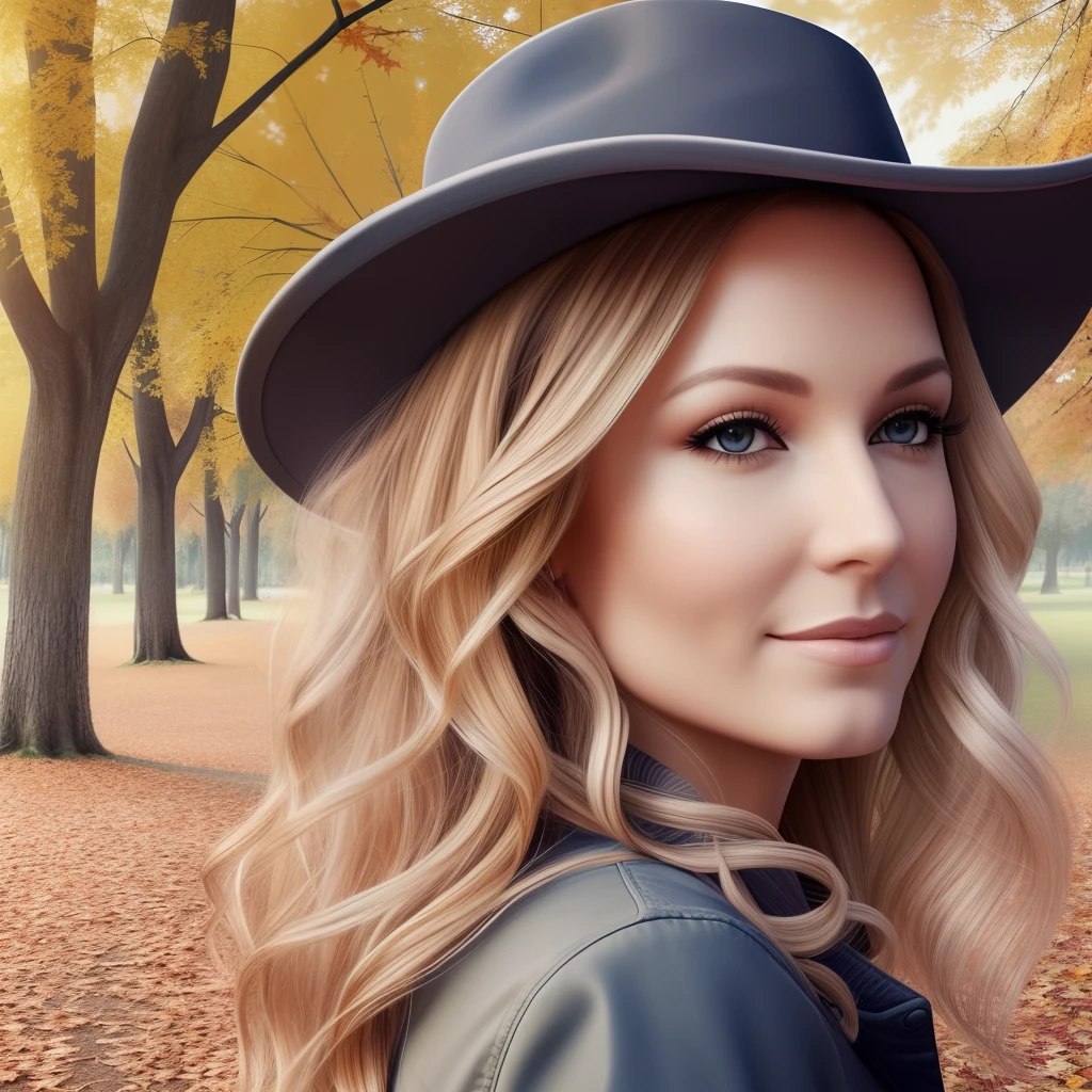 Beautiful gorgeous woman in the park, 40 years old Russian, curly light yellow long hair, lots of hair, photo realism, autumn background --auto --s2