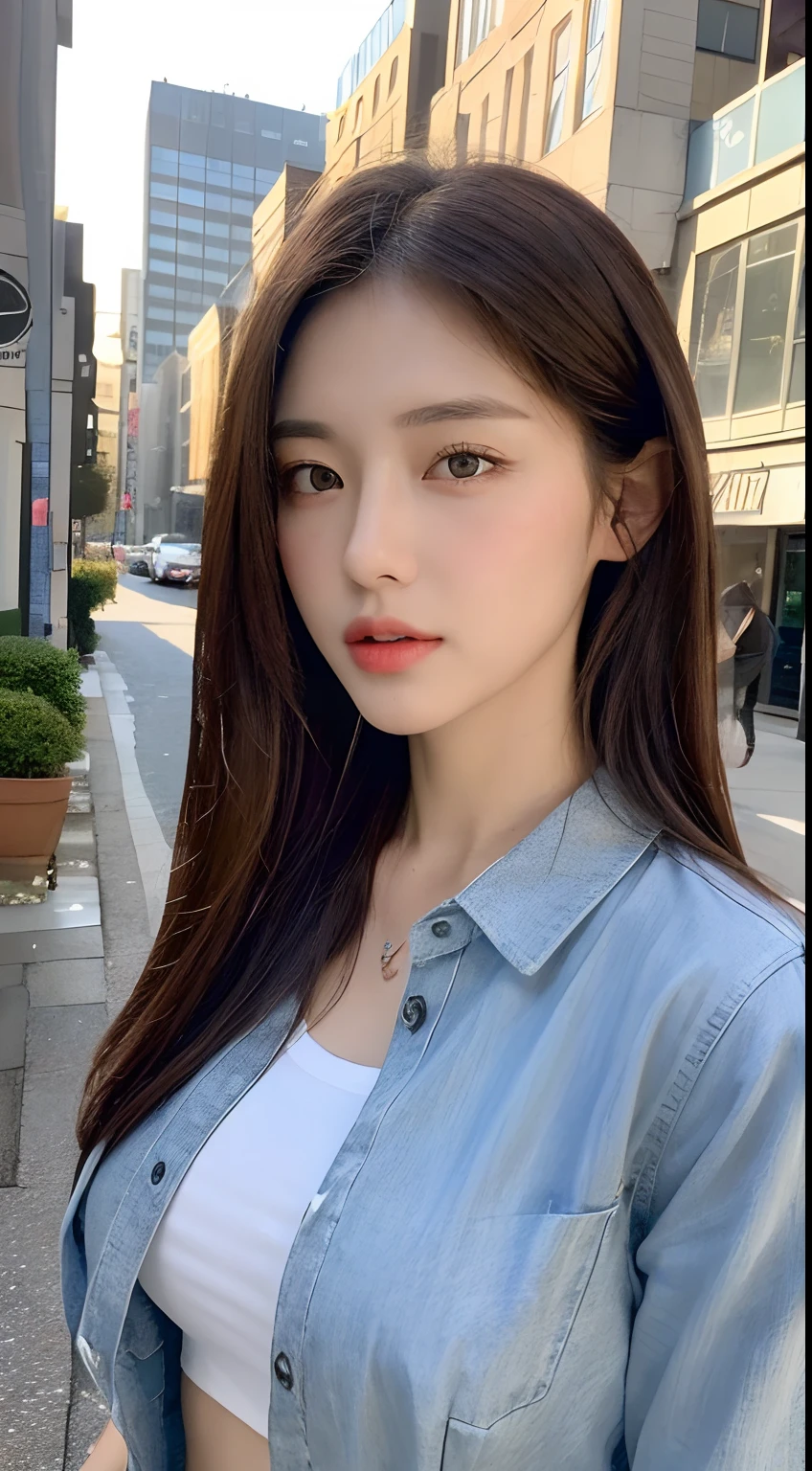 ((Best quality, 8k, Masterpiece :1.3)), Sharp focus :1.2, A pretty woman with perfect figure :1.4, Slender abs :1.2, ((Dark brown hair, Big breasts :1.2)), (White button up long shirt :1.1), City street:1.2, Highly detailed face and skin texture, Detailed eyes, Double eyelid