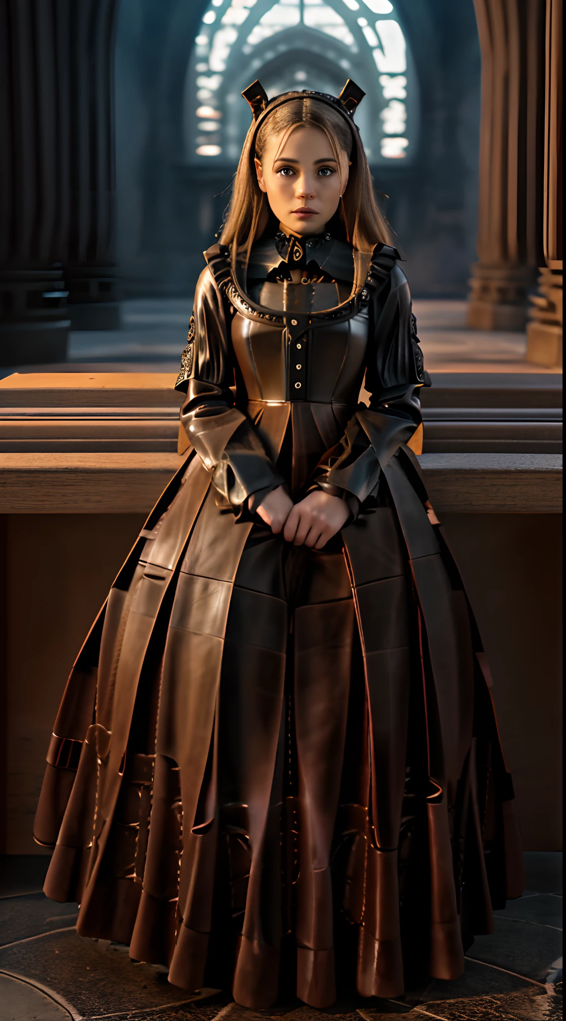 16k resolution, beautiful supermodel, highres, RAW photo, absurdres, full body portrait, Masterpiece, best quality, (very detailed CG Unity 16k wallpaper), (best quality), (best illustration), (best shadow), (beautiful woman Forced to pee herself during exam: 1.5), denied bathroom request, (grabbing sides of ballgown skirt curtsy: 1.7), defeated accepting the inevitable peeing herself (pees herself during exam: 1.5) (puddle forming under ballgown:1.4), (thick leather gothic long floor length pleated ballgown skirt:1.8) (leather gothic pleated ballgown: 1.8) (large breasts: 1.6) (corset halter: 1.5) (knee high combat boots:1.4), long braided pigtails, sadness, red lips, embarrassed, blushing, ashamed, silently crying, (legs crossed trying to close her pee hole: 1.5),