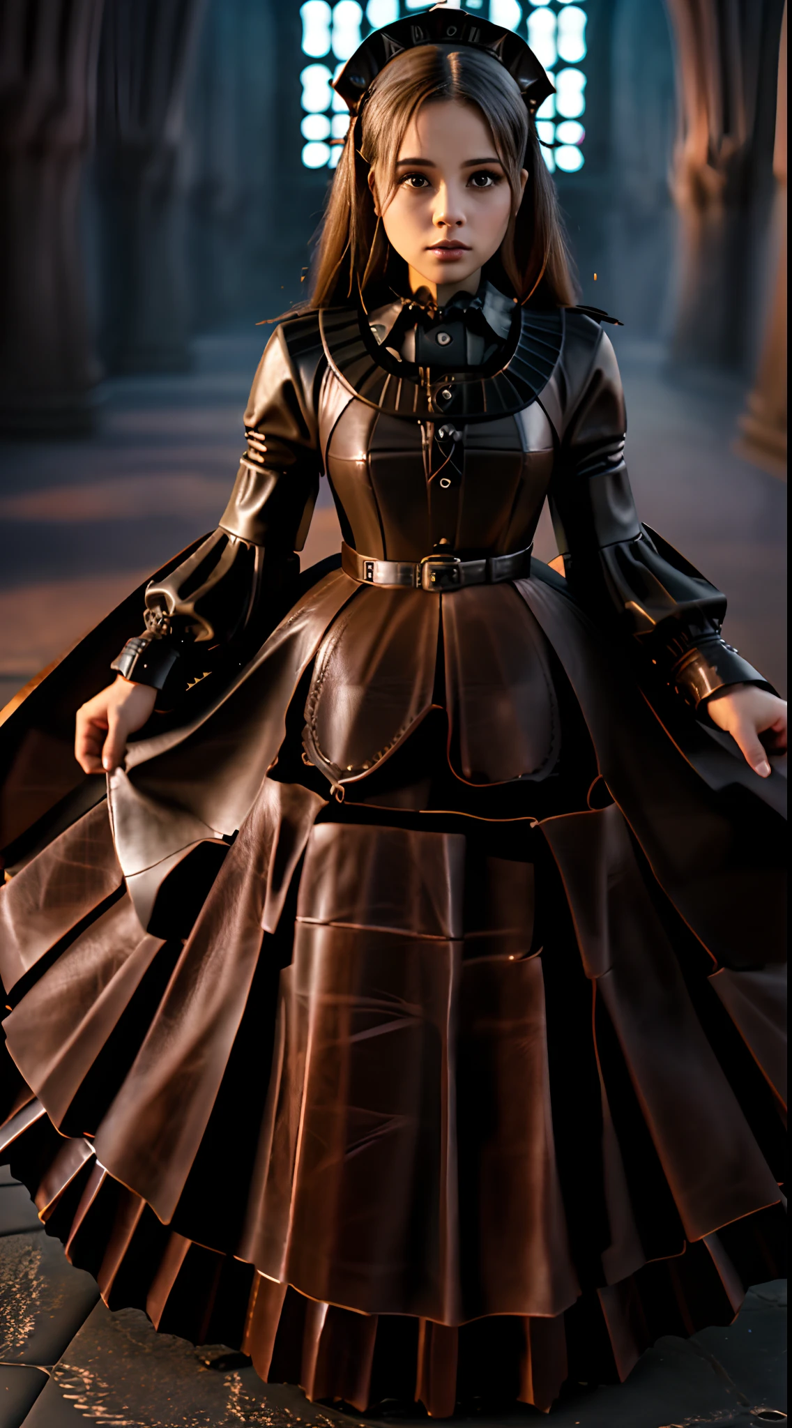 16k resolution, beautiful supermodel, highres, RAW photo, absurdres, full body portrait, Masterpiece, best quality, (very detailed CG Unity 16k wallpaper), (best quality), (best illustration), (best shadow), (beautiful woman Forced to pee herself during exam: 1.5), denied bathroom request, (grabbing sides of ballgown skirt curtsy: 1.7), defeated accepting the inevitable peeing herself (pees herself during exam: 1.5) (puddle forming under ballgown:1.4), (thick leather gothic long floor length pleated ballgown skirt:1.8) (leather gothic pleated ballgown: 1.8) (large breasts: 1.6) (corset halter: 1.5) (knee high combat boots:1.4), long braided pigtails, sadness, red lips, embarrassed, blushing, ashamed, silently crying, (legs crossed trying to close her pee hole: 1.5),