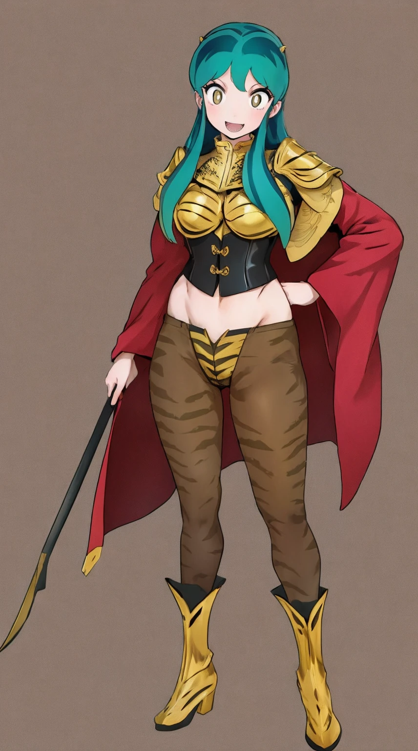 masterpiece, best quality,medieval armor, corset, breastplate,lum, , urusei yatsura, cloak, pants, pullover, kimono,martial pov,, pantyhose, sharpteeth, standing,smile, matial art,, full body, boots , pant, medium breast, pants, pullover,martial pov