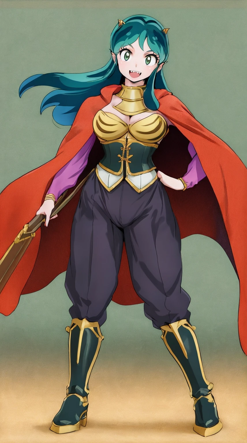 masterpiece, best quality,medieval armor, corset, breastplate,lum, , urusei yatsura, cloak, pants, pullover, kimono,martial pov,, pantyhose, sharpteeth, standing,smile, matial art,, full body, boots , pant, medium breast, pants, pullover,martial pov