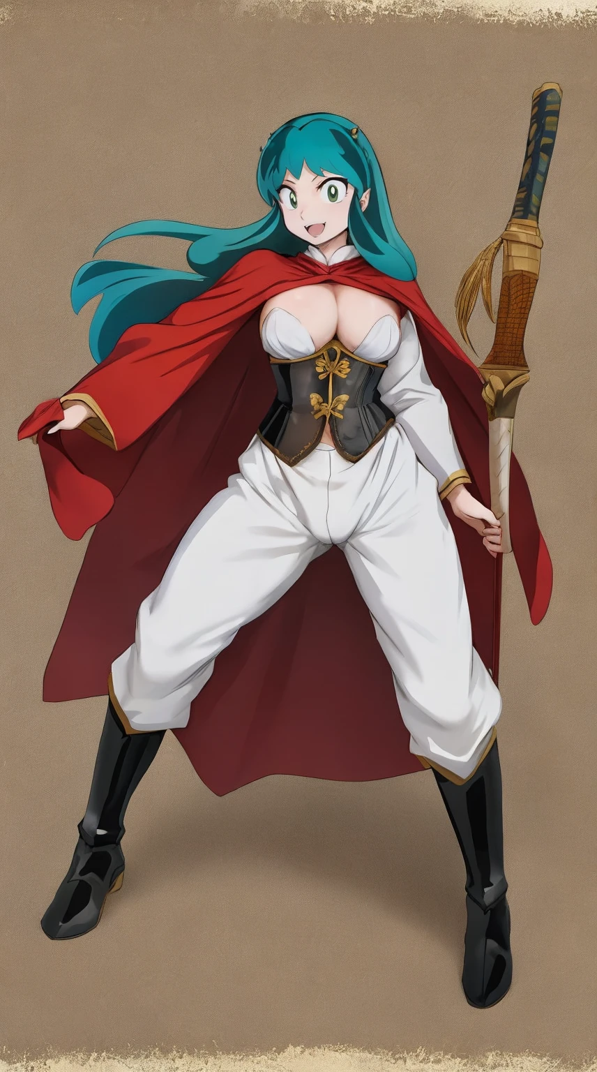masterpiece, best quality,medieval armor, corset, breastplate,lum, , urusei yatsura, cloak, pants, pullover, kimono,martial pov,, pantyhose, sharpteeth, standing,smile, matial art,, full body, boots , pant, medium breast, pants, pullover,martial pov