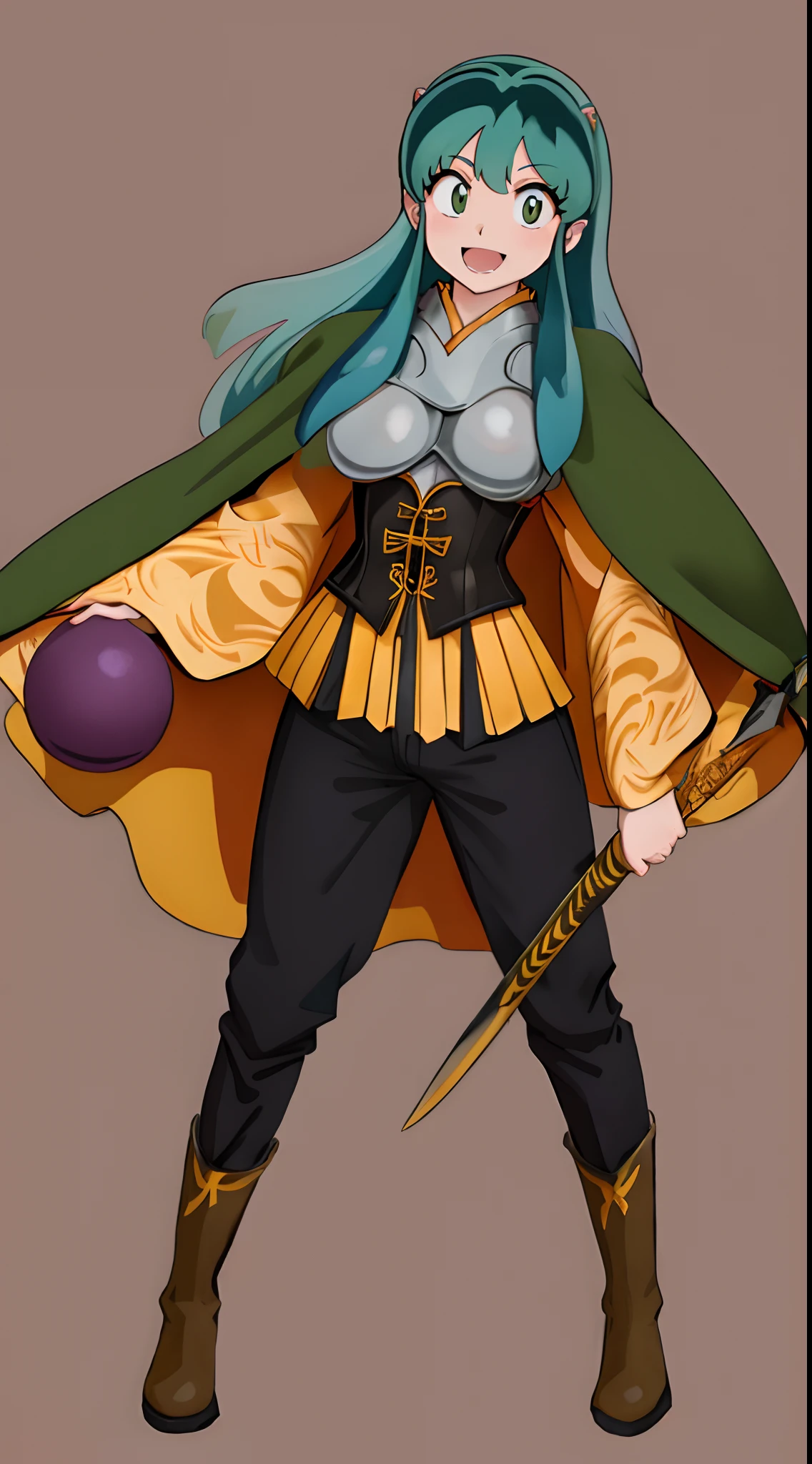 masterpiece, best quality,medieval armor, corset, breastplate,lum, , urusei yatsura, cloak, pants, pullover, kimono,martial pov,, pantyhose, sharpteeth, standing,smile, matial art,, full body, boots , pant, medium breast, pants, pullover,martial pov