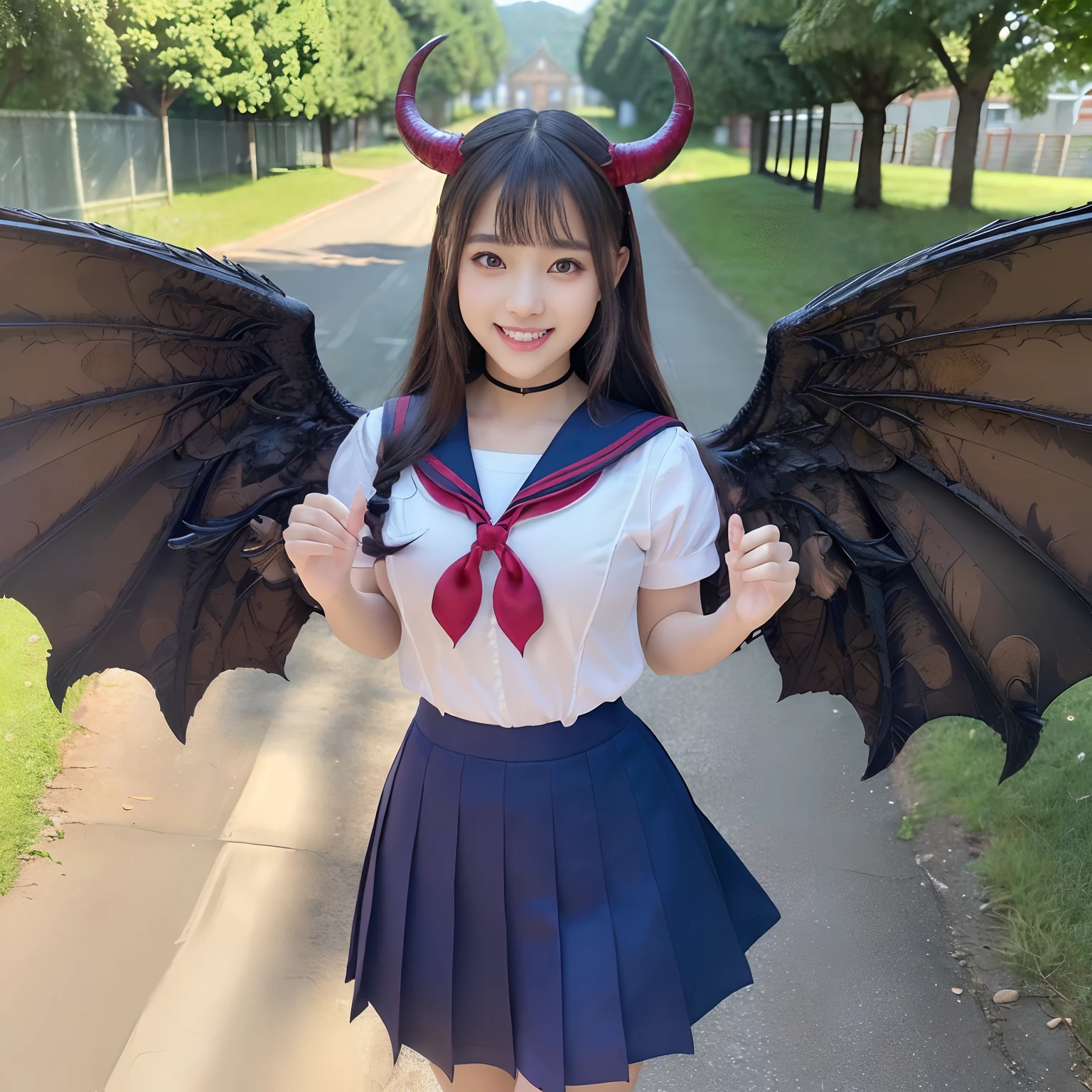 (((masutepiece、top-quality、Depiction of the most intricate and detailed details)))、(Her eyes glow red)、((1 schoolgirl、Wearing a sailor suit、School Sailor Uniform、Perfect sailor suit、Red ribbons、Navy skirt))、((Huge and intricate demon wings,Wings with a very elaborate texture,Wings with a very complex texture,Creature wings with a very realistic texture,Wings of a terrifying monster,Horrible and ugly wings、Big Devil's Horn,Realistic and big horns,Creepy horns,Horn with a very elaborate texture、Horrible and ugly horns、The most complex and detailed corners、Huge and creepy horns、Detailed and intricate corners、((The background is the route to school、Walking along the school route surrounded by greenery、Walking on the way to school))、8K,An ultra-high picture quality,The most beautiful idol faces,Mature Face、The biggest smile staring at the camera、美丽的面容、Clean teeth、natural make up、Natural bright lighting