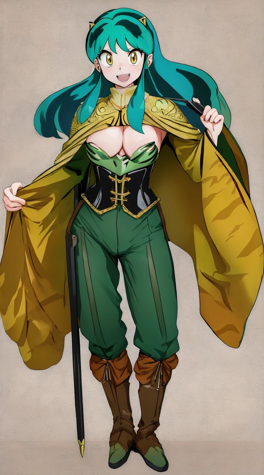 masterpiece, best quality,medieval armor, corset, breastplate,lum, , urusei yatsura, cloak, pants, pullover, kimono,martial pov,, pantyhose, sharpteeth, standing,smile, matial art,, full body, boots , pant, medium breast, pants, pullover,martial pov