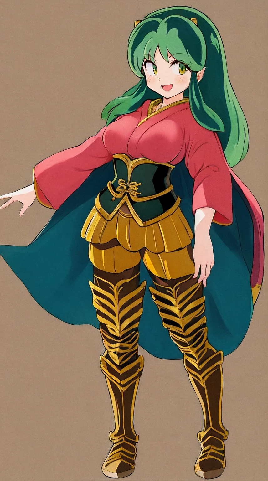 masterpiece, best quality,medieval armor, corset, breastplate,lum, , urusei yatsura, cloak, pants, pullover, kimono,martial pov,, pantyhose, sharpteeth, standing,smile, matial art,, full body, boots , pant, medium breast, pants, pullover,martial pov