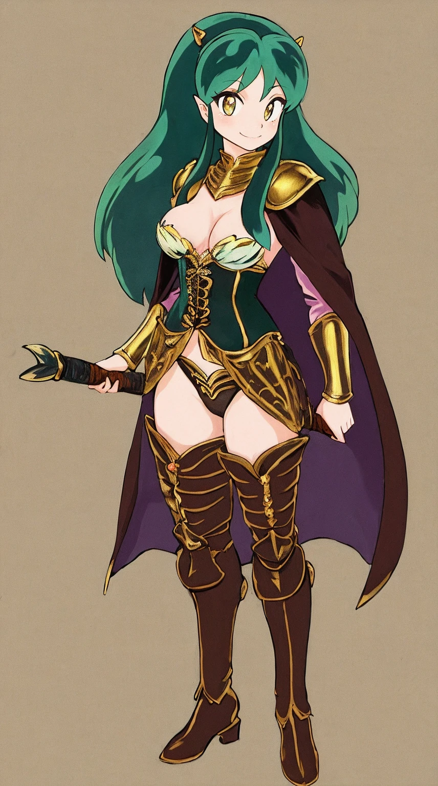 "(masterpiece:1.1), best quality,
1girl, (80s anime style:1.4), (eyelashes:1.5),
(intricate high detailed body:1.2),
green hair,
(hair over one eye:1.1),(ponytail:1.1), (tiara:1.2),
blue eyes, (red lip stick, detailed pupils:1.1),
(dark skin:1.3), (curvy body:1.2), (huge breasts:1.1),
light smile,
(string leotard armor, corset:1.2), (pantyhose:1.3),
(knight armor, armored boots:1.2), (fur:1.1), (earrings:1.1), crystal necklace,
standing, peace,
(cowboy shot:1.1),
(simple white background:1.2)"