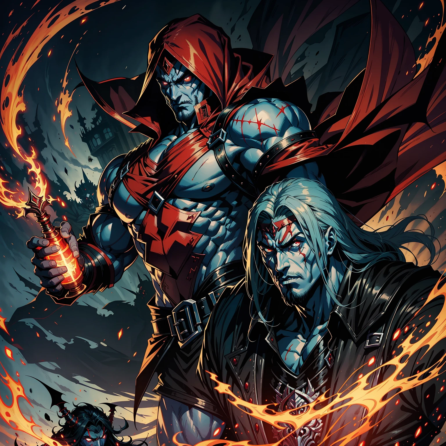 Castlevania Hyper Realistic Shadow Lord Super Detailed Dynamic Shooter Master of Lord Dracula Medieval Arab Warrior with Red Turban Scary Face Hokuto No Ken Structure Muscular Face Kenshiro Out of Hell with His Army of Demons