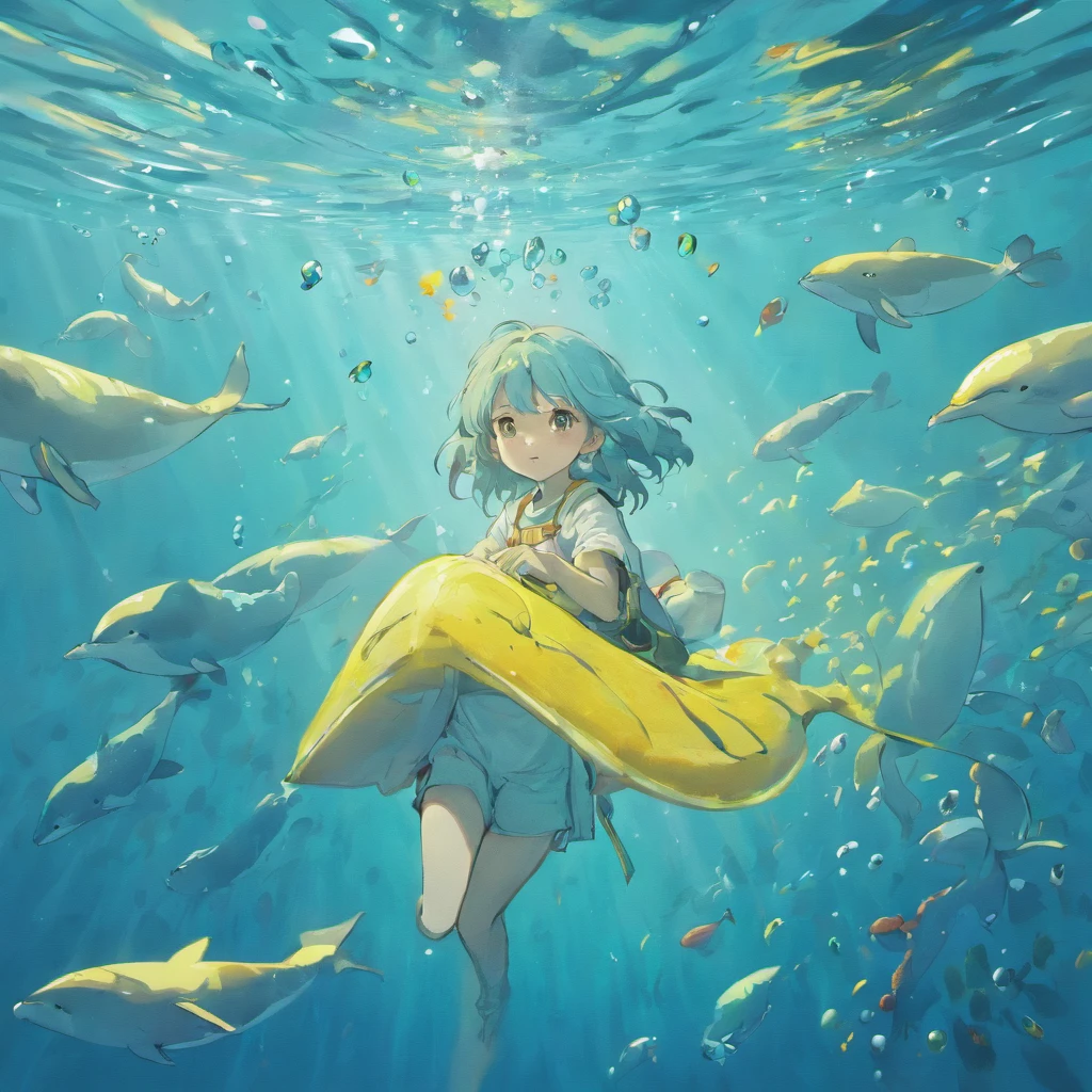 illustration:The boy in white swims with whales at the bottom of the sea,The surrounding bubbles slowly rise,Sunlight shines obliquely into the water。