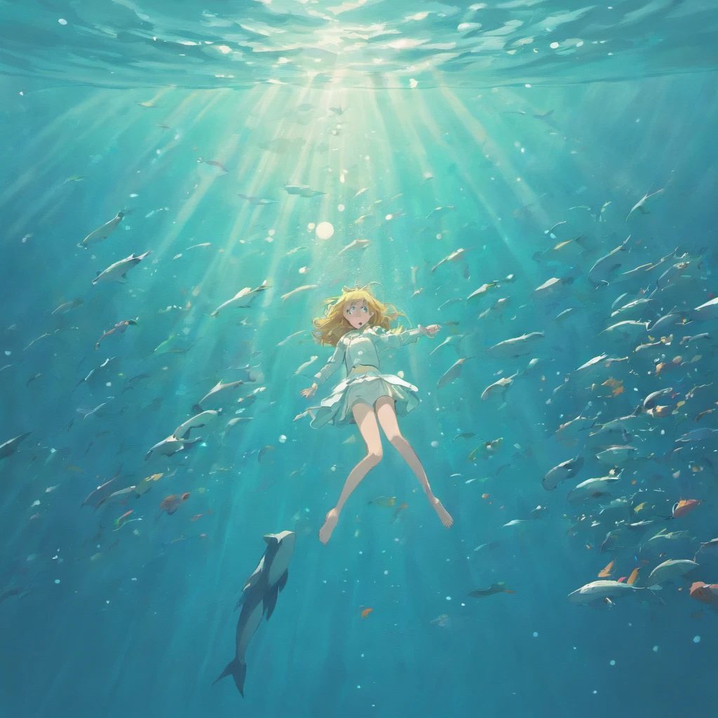 illustration:The boy in white swims with whales at the bottom of the sea,The surrounding bubbles slowly rise,Sunlight shines obliquely into the water。