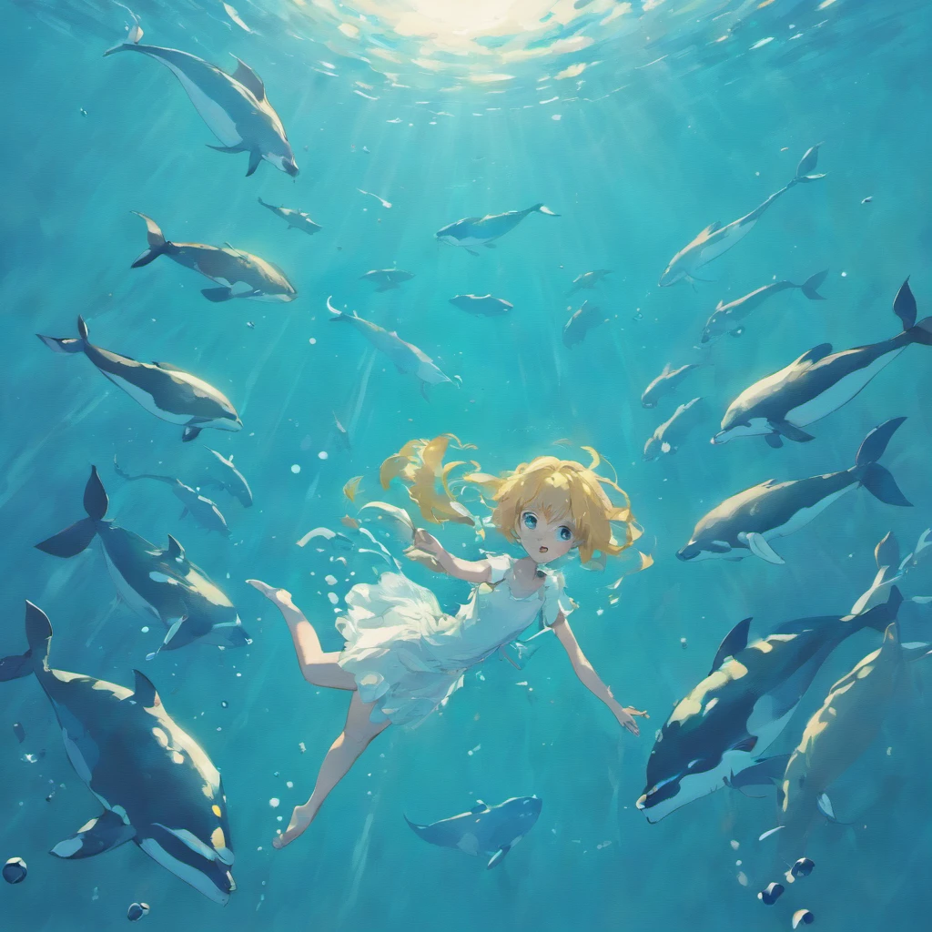 illustration：The boy in white swims with whales at the bottom of the sea，The surrounding bubbles slowly rise，Sunlight shines obliquely into the water。