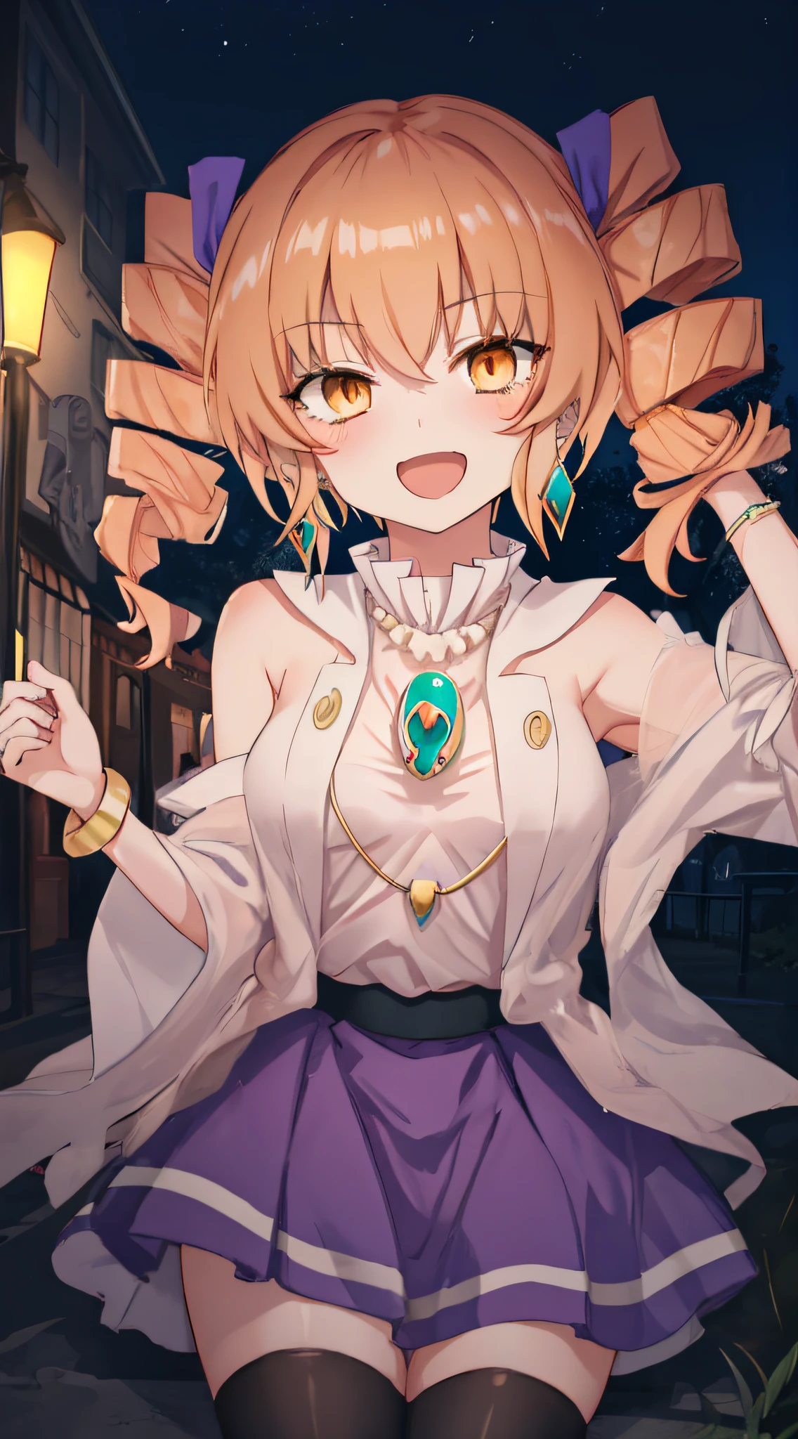 1girl, solo, yorigami jo'on, orange hair, orange eyes, jewelry, pendant, earrings, looking at viewer, outdoors, crowd, makeup, Magical girl, twin drills, drill hair, night city, open mouth, smiley, modern city, tachi-e, high details, high quality, super detail, anatomically correct,old money,stockings,purple dress,stigma