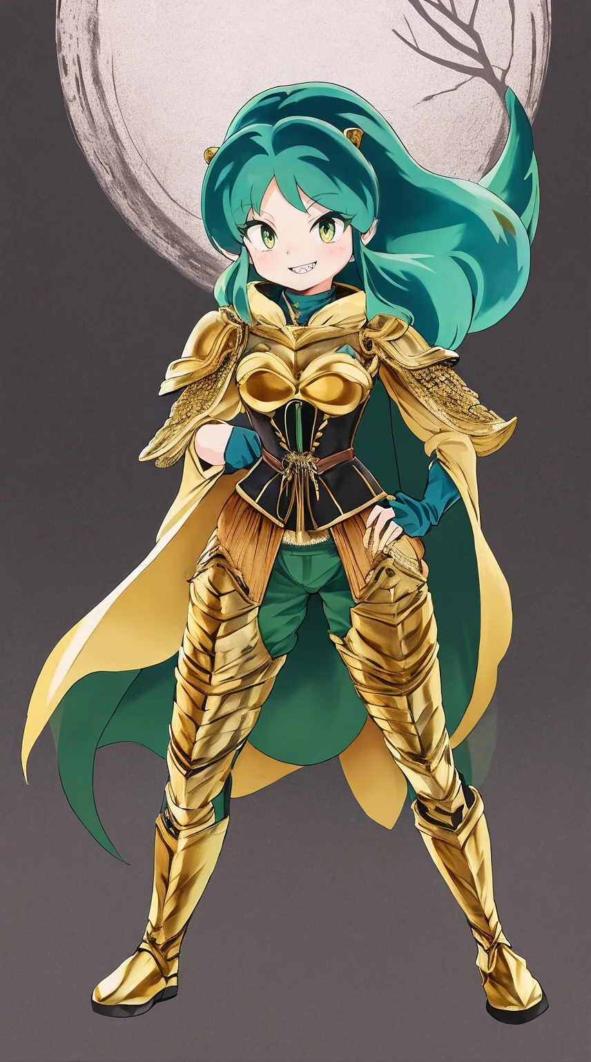 masterpiece, best quality,medieval armor, corset, breastplate,lum, , urusei yatsura, cloak, pants, pullover, kimono,martial pov,, pantyhose, sharpteeth, standing,smile, matial art,, full body, boots , pant, medium breast, pants, pullover,martial pov