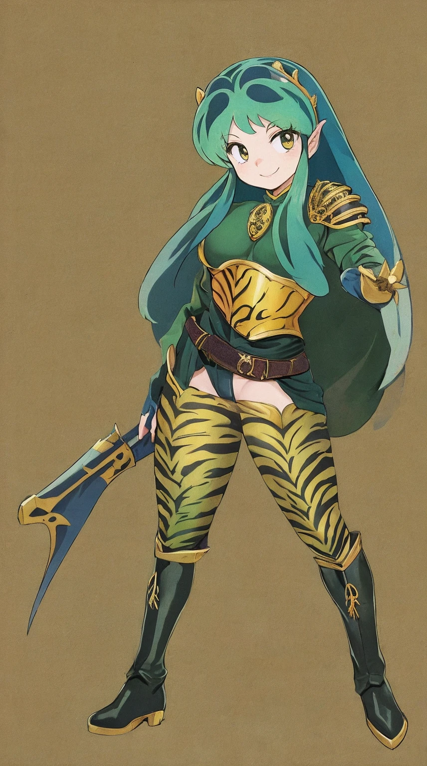 masterpiece, best quality,medieval armor, corset, breastplate,lum, , urusei yatsura, cloak, pants, pullover, kimono,martial pov,, pantyhose, sharpteeth, standing,smile, matial art,, full body, boots , pant, medium breast, pants, pullover,martial pov