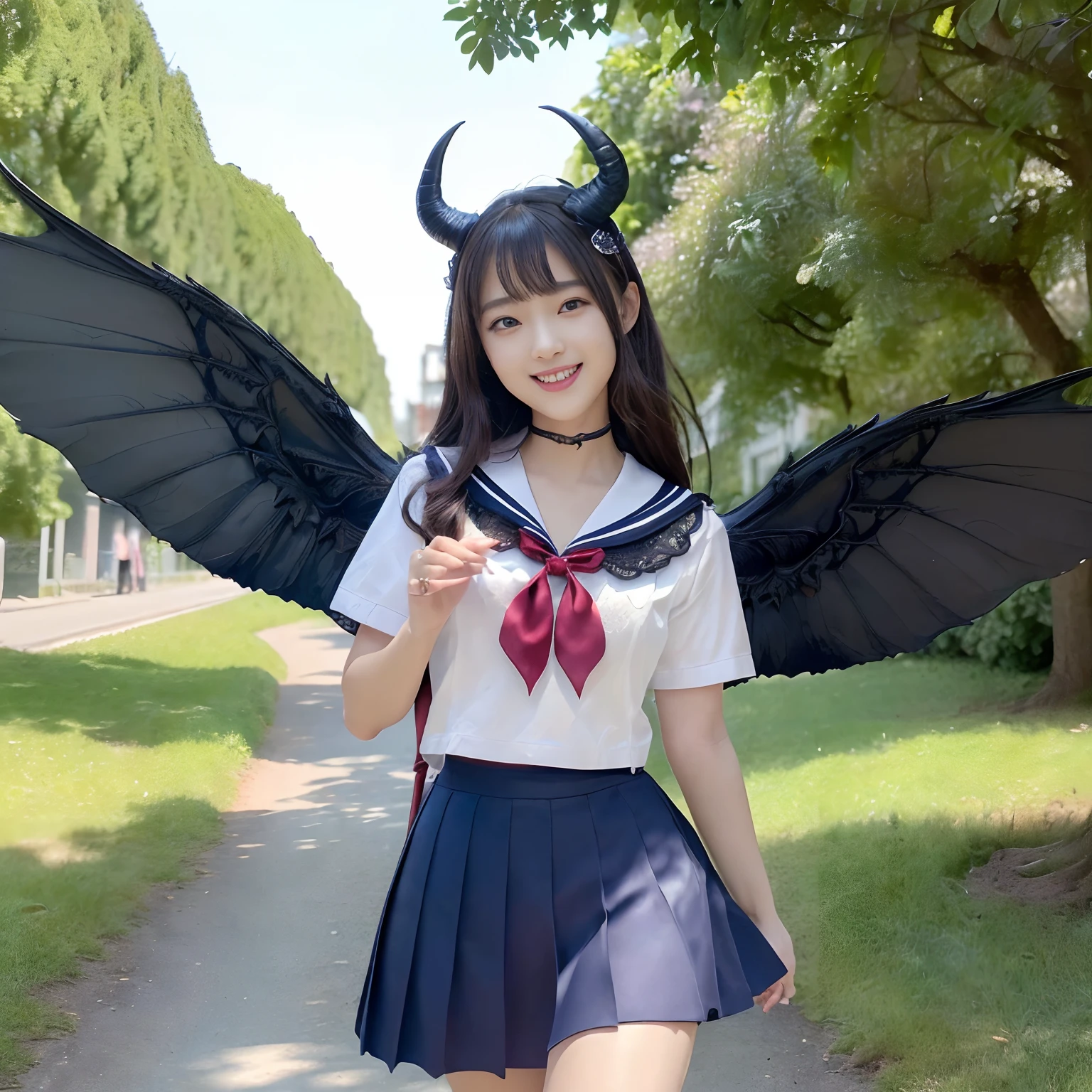 (((masutepiece、top-quality、Depiction of the most intricate and detailed details)))、(Her eyes glow red)、((1 schoolgirl、Wearing a sailor suit、School Sailor Uniform、Perfect sailor suit、Red ribbons、Navy skirt))、((Huge and intricate demon wings,Wings with a very elaborate texture,Wings with a very complex texture,Creature wings with a very realistic texture,Wings of a terrifying monster,Horrible and ugly wings、Big Devil's Horn,Realistic and big horns,Creepy horns,Horn with a very elaborate texture、Horrible and ugly horns、The most complex and detailed corners、Huge and creepy horns、Detailed and intricate corners、((The background is the route to school、Walking along the school route surrounded by greenery、Walking on the way to school))、8K,An ultra-high picture quality,The most beautiful idol faces,Mature Face、The biggest smile staring at the camera、美丽的面容、Clean teeth、natural make up、Natural bright lighting
