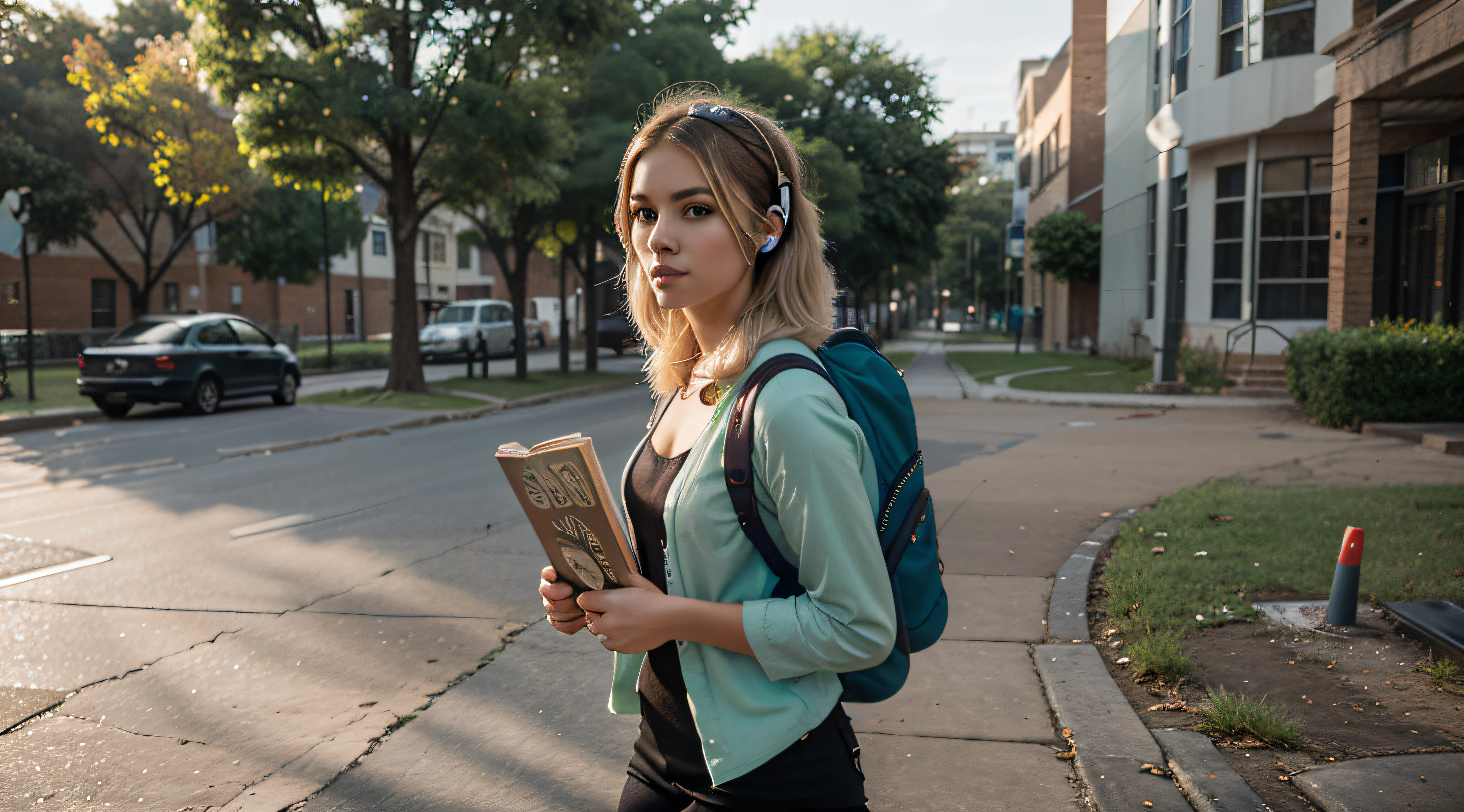 Generate an image of a Brazilian female student striding confidently through a bustling university campus. She's tall and slender, with striking short, platinum blonde hair that exudes a rebellious spirit. Her captivating light brown eyes reveal determination and curiosity.

She's dressed in a loose, green blouse, a color that complements her no-nonsense demeanor. On her back, she carries a colorful, punk-rock-inspired backpack, reflecting her unique style. As she walks, she carries a stack of graffiti-covered books in one hand, showcasing her passion for literature, and she holds a modern set of wireless headphones around her neck.

This distinctive student embodies the spirit of a determined, book-loving punk on her academic journey, confidently navigating the lively atmosphere of the university campus.