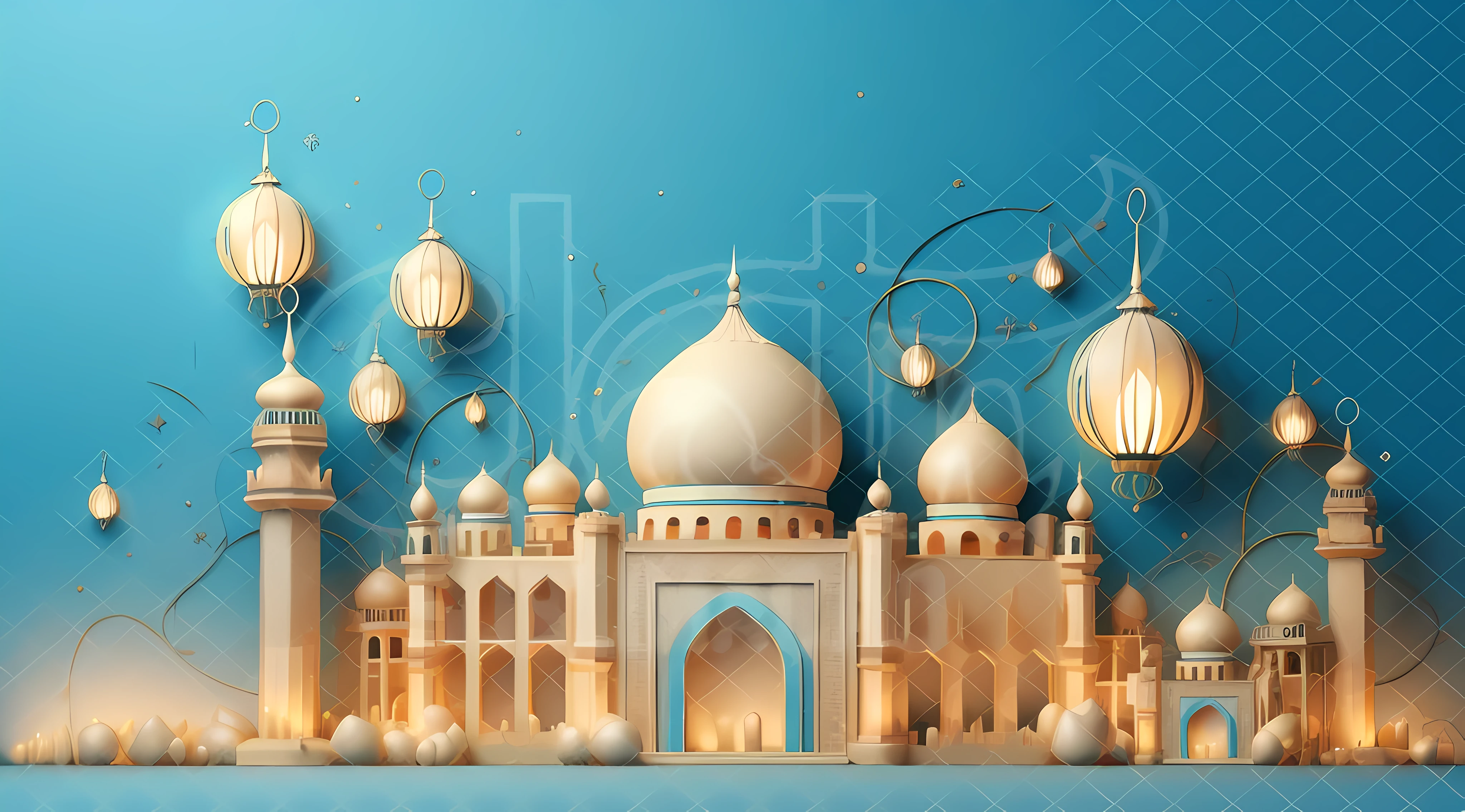 A closeup of a building with many lights on, palace background, Fundo do templo, Islamic architecture, arabian art, Fundo representando um templo, 3 d illustration, 3 d illustration, renderizado, mesquita, ornate turkic palace background, intricate 3 d illustration, light kingdom backdrop, Arabic architecture, cidade santa | illustration, Antecedentes altamente detalhados, flat illustration