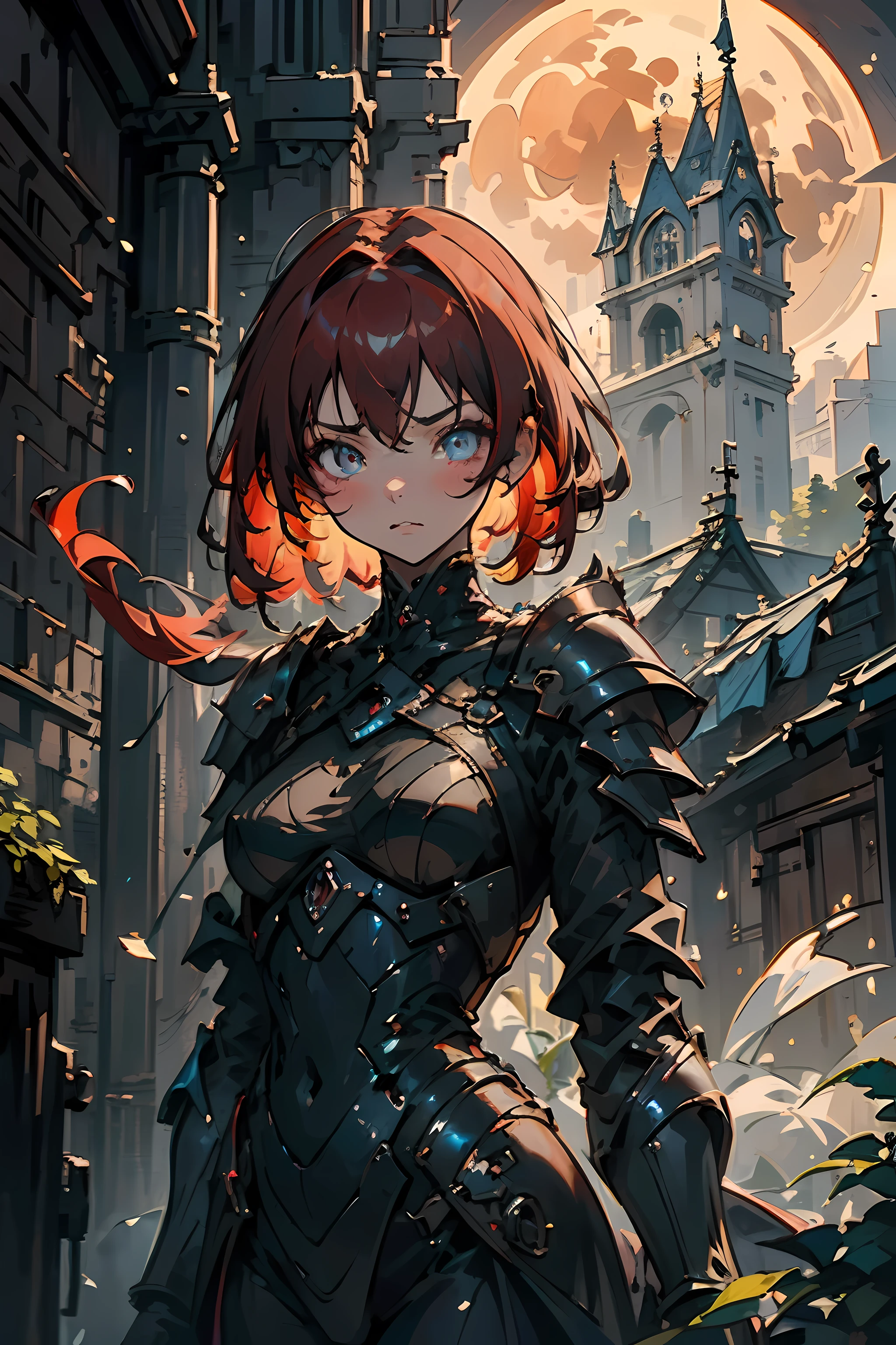 (best quality,4k,highres,ultra-detailed,Masterpiece), (impressionism:1.4),A girl with red hair, wearing black clothing, is crouched on a roof in the dead of night. She holds a dagger, her face hidden behind a black face mask. The moon is shining brightly, illuminating the scene with a soft, ethereal light. The whole image is enveloped in an atmosphere of mystery and danger. The girl's eyes are piercing, her lips pressed together with determination. The details of her face, especially her eyes, are extremely detailed, capturing every nuance and intensity. The smoke from her black attire swirls around her, creating an eerie and dramatic effect. The painting is done in the style of impressionism, with bold brushstrokes and vibrant colors, adding a touch of artistry to the scene. The colors are predominantly dark and mysterious, with hints of red and blue to highlight the moonlight. The composition and lighting create a sense of depth and dimension, making the image come to life. This artwork is a masterpiece, showcasing the highest quality, resolution, and attention to detail. The final result is a stunning and captivating image of an assassin on a moonlit rooftop.