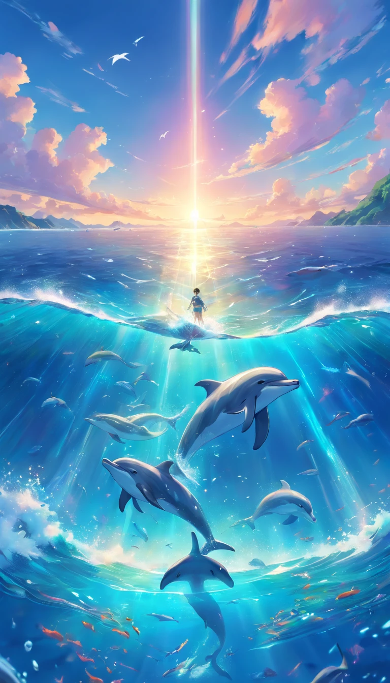 Painting of dolphins swimming in colorful ocean, Look up at the composition, Live water and whales from the sky, inspired by Cyril Rolando, dreamy psychedelic anime, colorful anime movie background, A beautiful artwork illustration, author:Shitao, colorful concept art, Makoto Shinkai Cyrillo Rolando, in the style of Cyril Rolando, flying whale, highly detailed water colour 8k, highly detailed water colour 8 k,octane,the end,Realistic,8K,Estilo de Makoto Shinkai( reasonable design, 清晰的线条, High- sharpness,Best quality, Very detailed, Master parts, movie light effect, 4K )
