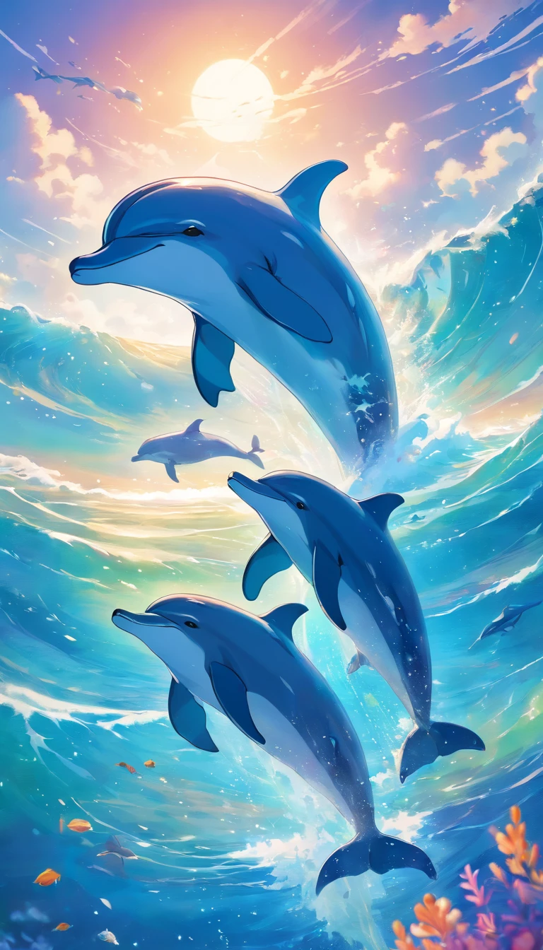 Painting of dolphins swimming in colorful ocean, Look up at the composition, Live water and whales from the sky, inspired by Cyril Rolando, dreamy psychedelic anime, colorful anime movie background, A beautiful artwork illustration, author：Shitao, colorful concept art, Makoto Shinkai Cyrillo Rolando, in the style of Cyril Rolando, flying whale, highly detailed water colour 8k, highly detailed water colour 8 k，octane，the end，Realistic，8K，Estilo de Makoto Shinkai( reasonable design, 清晰的线条, High- sharpness,Best quality, Very detailed, Master parts, movie light effect, 4K )