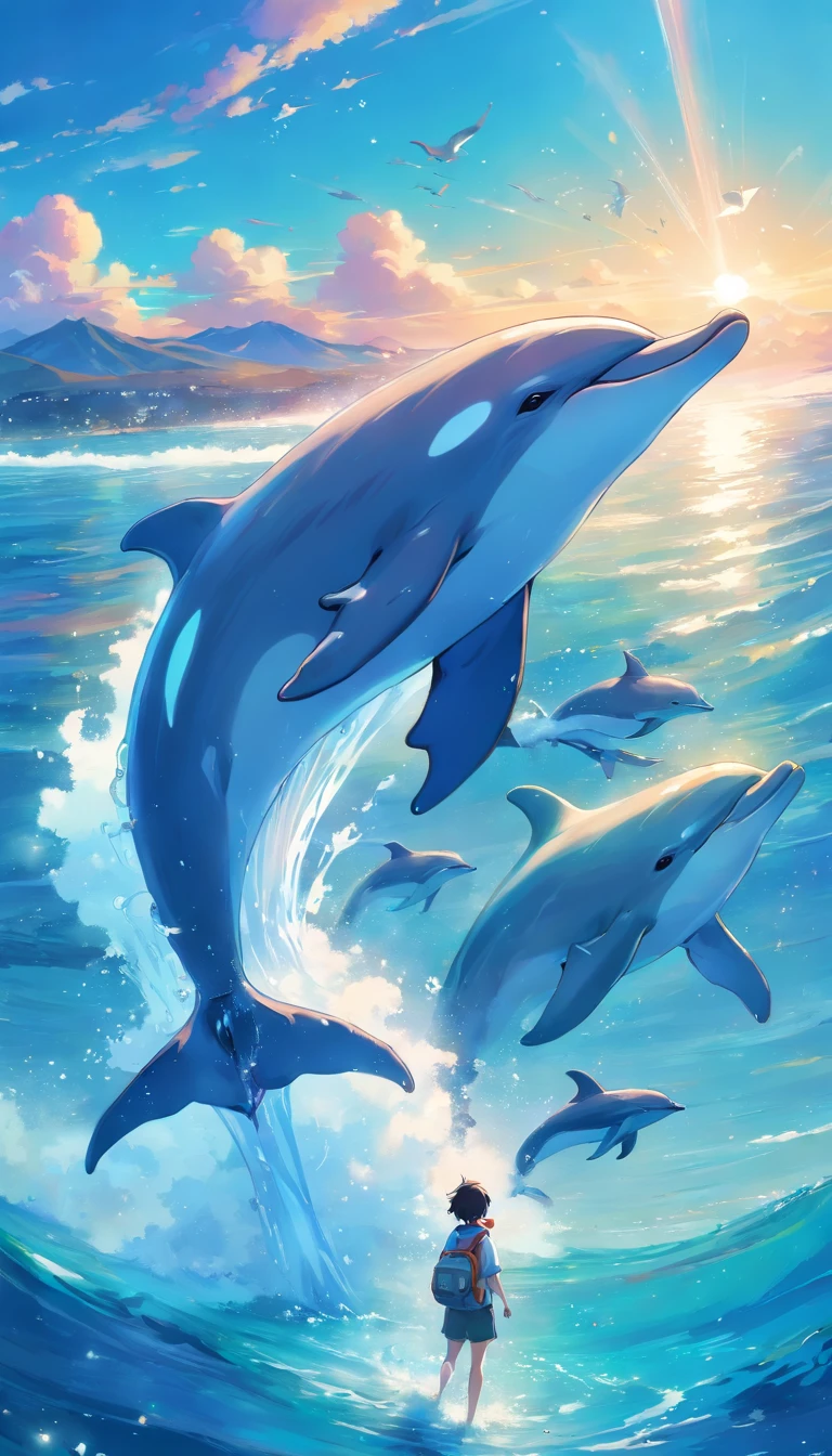 Painting of dolphins swimming in colorful ocean, Look up at the composition, Live water and whales from the sky, inspired by Cyril Rolando, dreamy psychedelic anime, colorful anime movie background, A beautiful artwork illustration, author:Shitao, colorful concept art, Makoto Shinkai Cyrillo Rolando, in the style of Cyril Rolando, flying whale, highly detailed water colour 8k, highly detailed water colour 8 k,octane,the end,Realistic,8K,Estilo de Makoto Shinkai( reasonable design, 清晰的线条, High- sharpness,Best quality, Very detailed, Master parts, movie light effect, 4K )