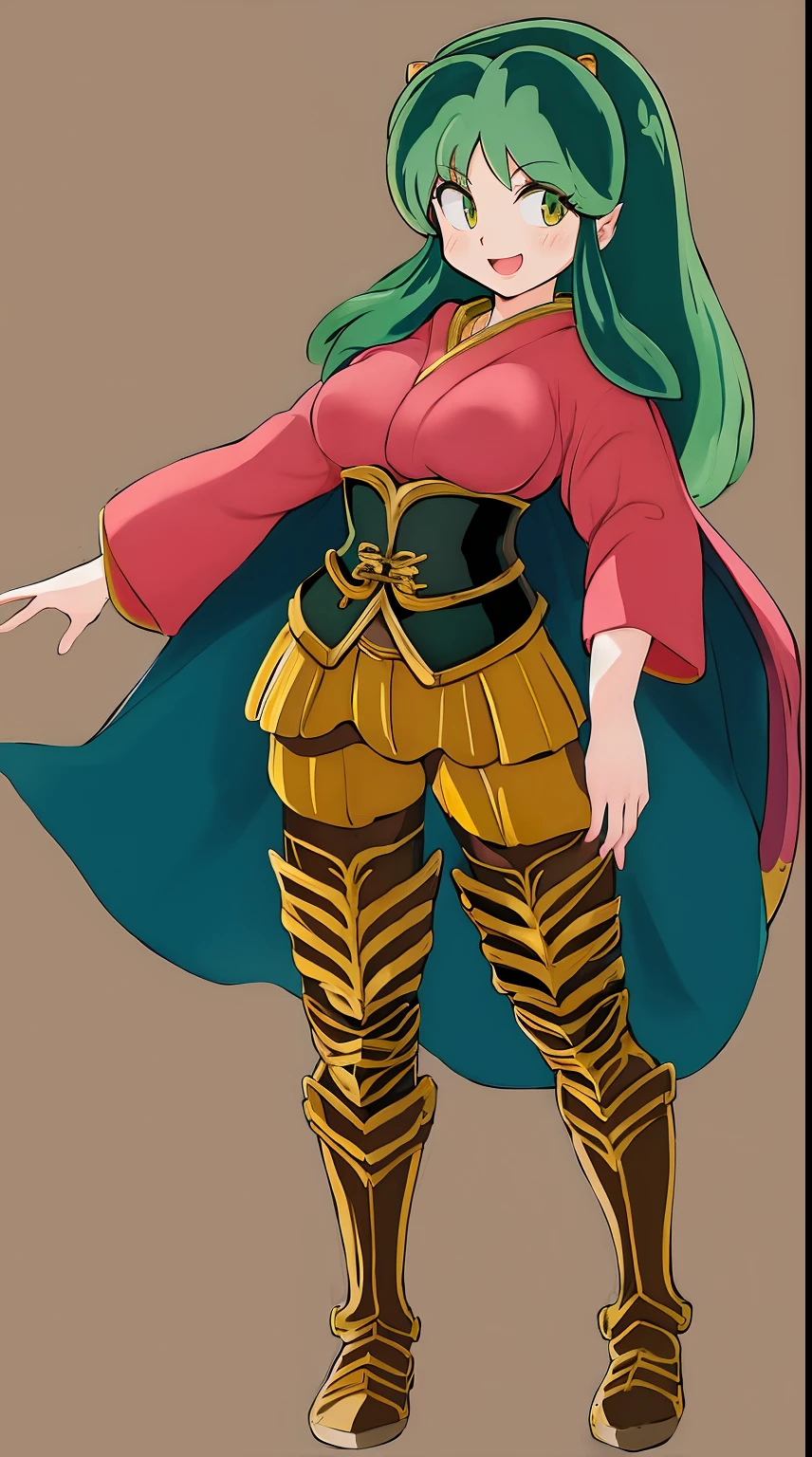 masterpiece, best quality,medieval armor, corset, breastplate,lum, , urusei yatsura, cloak, pants, pullover, kimono,martial pov,, pantyhose, sharpteeth, standing,smile, matial art,, full body, boots , pant, medium breast, pants, pullover,martial pov