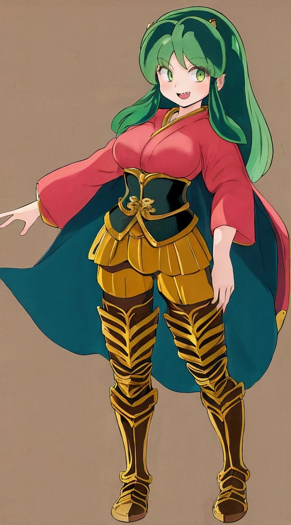 masterpiece, best quality,medieval armor, corset, breastplate,lum, , urusei yatsura, cloak, pants, pullover, kimono,martial pov,, pantyhose, sharpteeth, standing,smile, matial art,, full body, boots , pant, medium breast, pants, pullover,martial pov