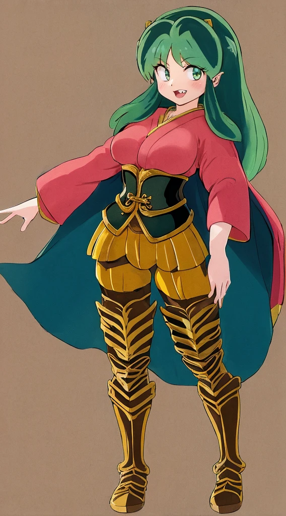 masterpiece, best quality,medieval armor, corset, breastplate,lum, , urusei yatsura, cloak, pants, pullover, kimono,martial pov,, pantyhose, sharpteeth, standing,smile, matial art,, full body, boots , pant, medium breast, pants, pullover,martial pov
