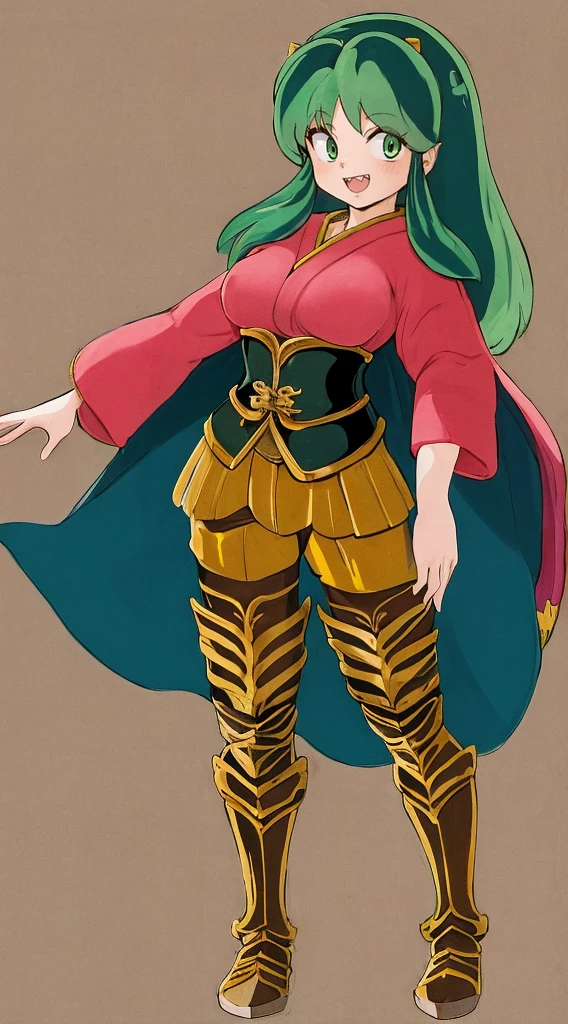 masterpiece, best quality,medieval armor, corset, breastplate,lum, , urusei yatsura, cloak, pants, pullover, kimono,martial pov,, pantyhose, sharpteeth, standing,smile, matial art,, full body, boots , pant, medium breast, pants, pullover,martial pov
