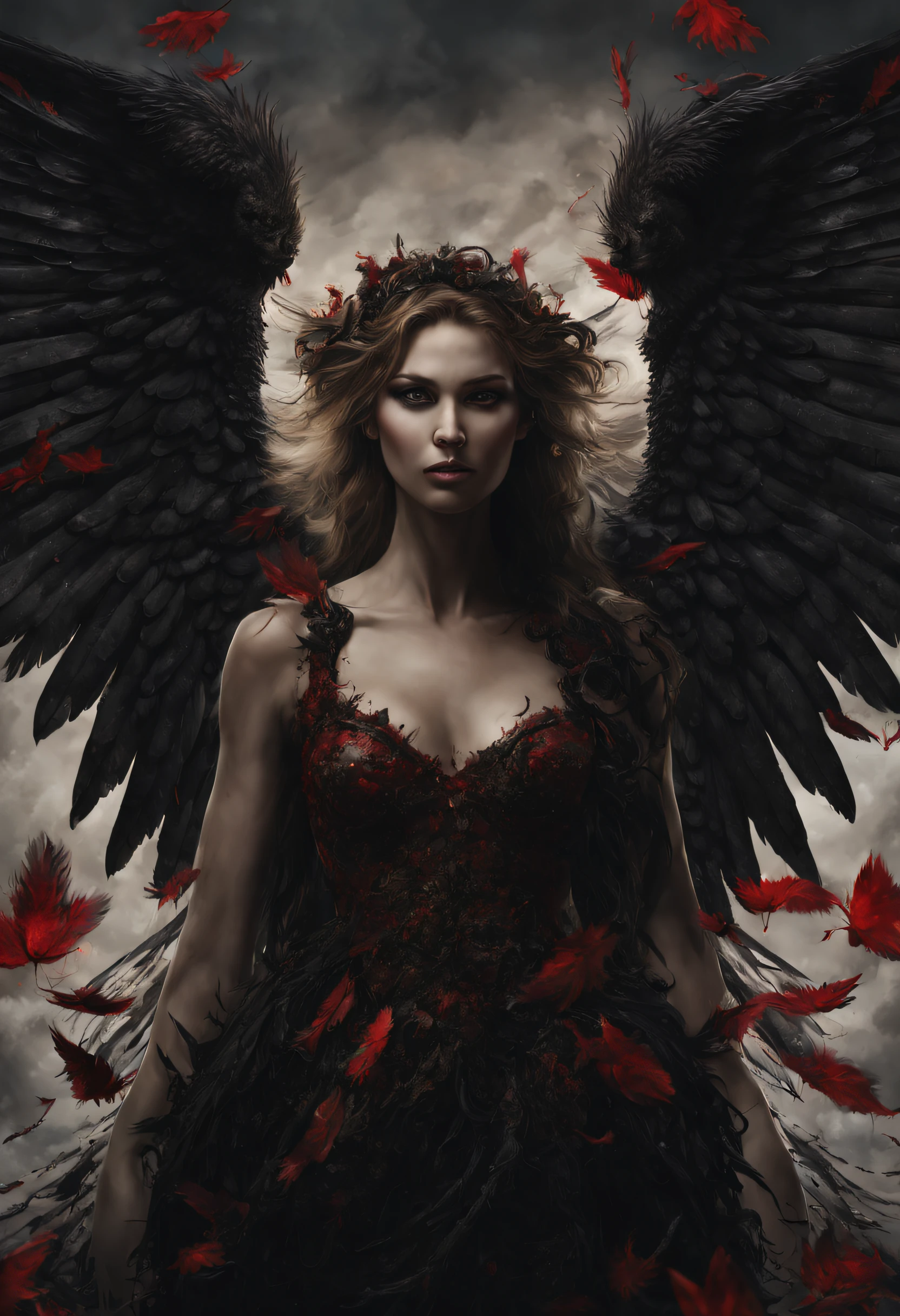 an image of a woman with an angel wings, digital art, pixabay contest winner, gothic art, dark and realistic, huge wings growing out of arms, black wings slightly burnt, realistic pictures, cherub, dark angel of coffee, red feathered wings, black wings instead of arms, highly detailded', detailed »