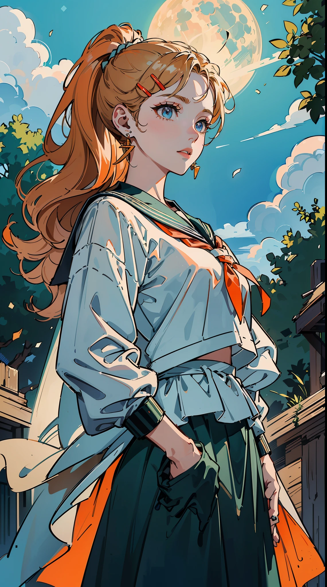 (hands in pockets,))(Masterpiece illustration,Beautiful and aesthetic:1.2,head up to sky), Best quality,Top quality, Epic quality,((((nature,on the  ,outdoor,))))(blue moonlight,moon glare, god light, from below:1.3,))Neat face,underage,mature,Beautiful detailed hair，ginger hair，hyper HD, retinas, Textured skin, A high resolution, 16k ，((hairclip,sweep bangs,half bangs,high ponytail,sidelocks,long hair，natural curly hair,hair intake,updo,knot top)),Detailed face, 1JK, lady,Solo, Perfect face, Very amazing girl,((covered by thin translucent cloth,skindentation,high waist skirt,creamy orange serafuku,large cloak,metal earrings,spiral earrings)),rim-light