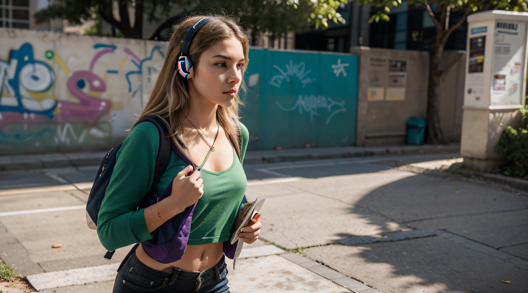 Generate an image of a Brazilian female student striding confidently through a bustling university campus. She's tall and slender, with striking short, platinum blonde hair that exudes a rebellious spirit. Her captivating light brown eyes reveal determination and curiosity.

She's dressed in a loose, green blouse, a color that complements her no-nonsense demeanor. On her back, she carries a colorful, punk-rock-inspired backpack, reflecting her unique style. As she walks, she carries a stack of graffiti-covered books in one hand, showcasing her passion for literature, and she holds a modern set of wireless headphones around her neck.

This distinctive student embodies the spirit of a determined, book-loving punk on her academic journey, confidently navigating the lively atmosphere of the university campus.