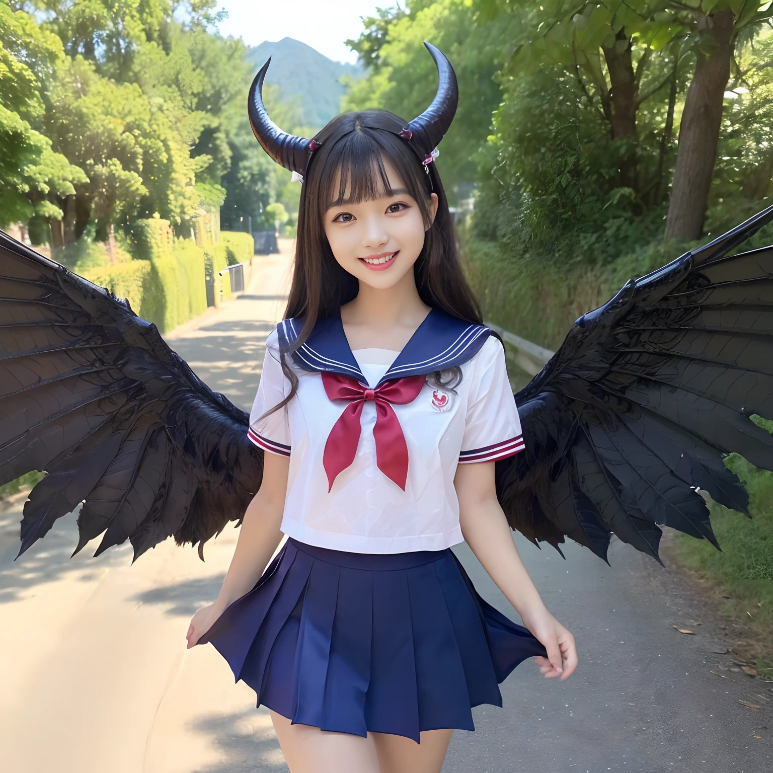 (((masutepiece、top-quality、Depiction of the most intricate and detailed details)))、(Her eyes glow red)、((1 girl、Wearing a sailor suit、School Sailor Uniform、Perfect sailor suit、Red ribbons、Navy skirt))、((Huge and intricate demon wings,Wings with a very elaborate texture,Wings with a very complex texture,Creature wings with a very realistic texture,Wings of a terrifying monster,Horrible and ugly wings、The most terrifying wings、Big Devil's Horn,Realistic and big horns,Creepy horns,Horn with a very elaborate texture、Horrible and ugly horns、((The background is the route to school、Walking along the school route surrounded by nature、Walking on the way to school))、8K,An ultra-high picture quality,The most beautiful idol faces,Mature Face、The biggest smile staring at the camera、美丽的面容、Beautiful teeth、natural make up、Natural bright lighting