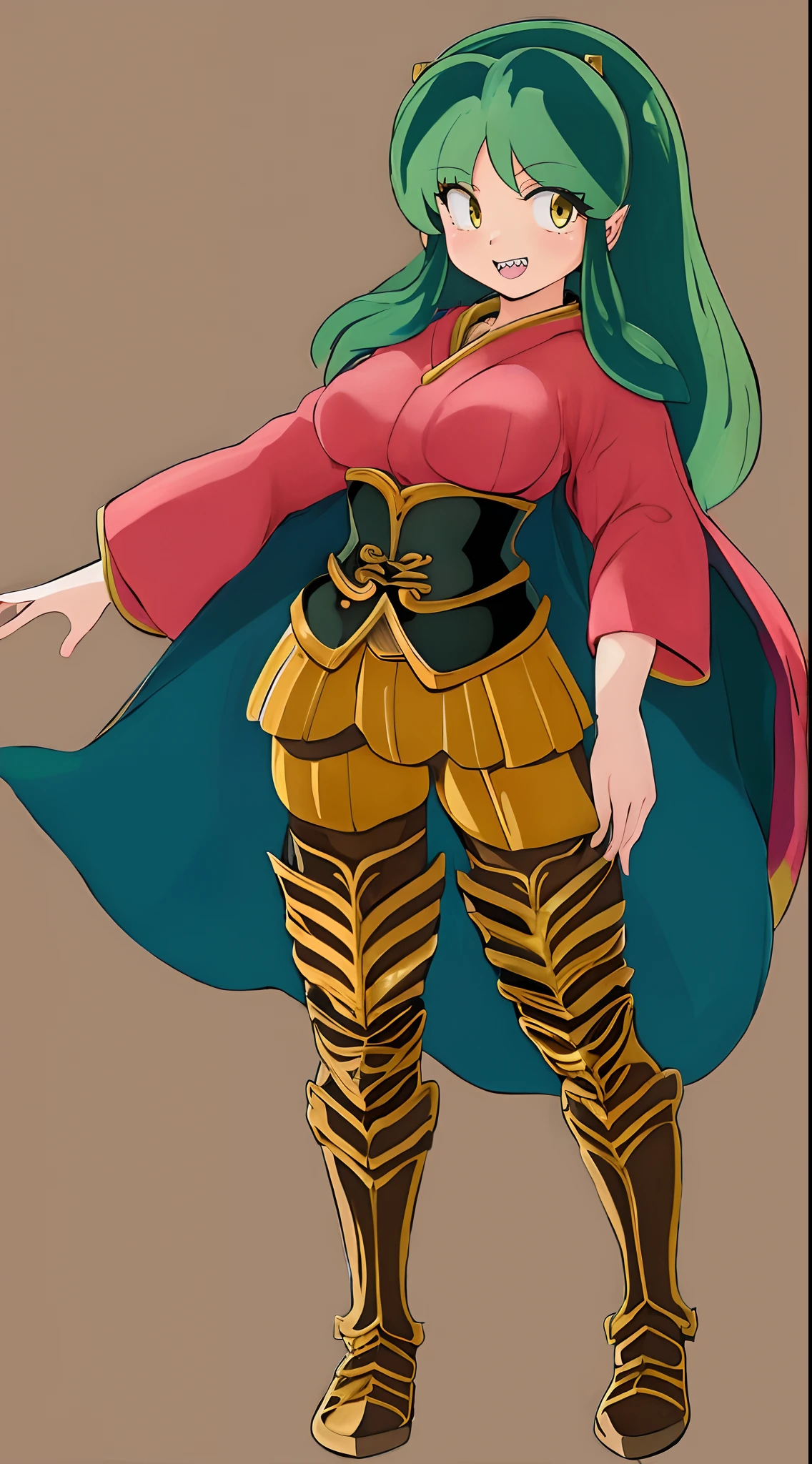 masterpiece, best quality,medieval armor, corset, breastplate,lum, , urusei yatsura, cloak, pants, pullover, kimono,martial pov,, pantyhose, sharpteeth, standing,smile, matial art,, full body, boots , pant, medium breast, pants, pullover,martial pov