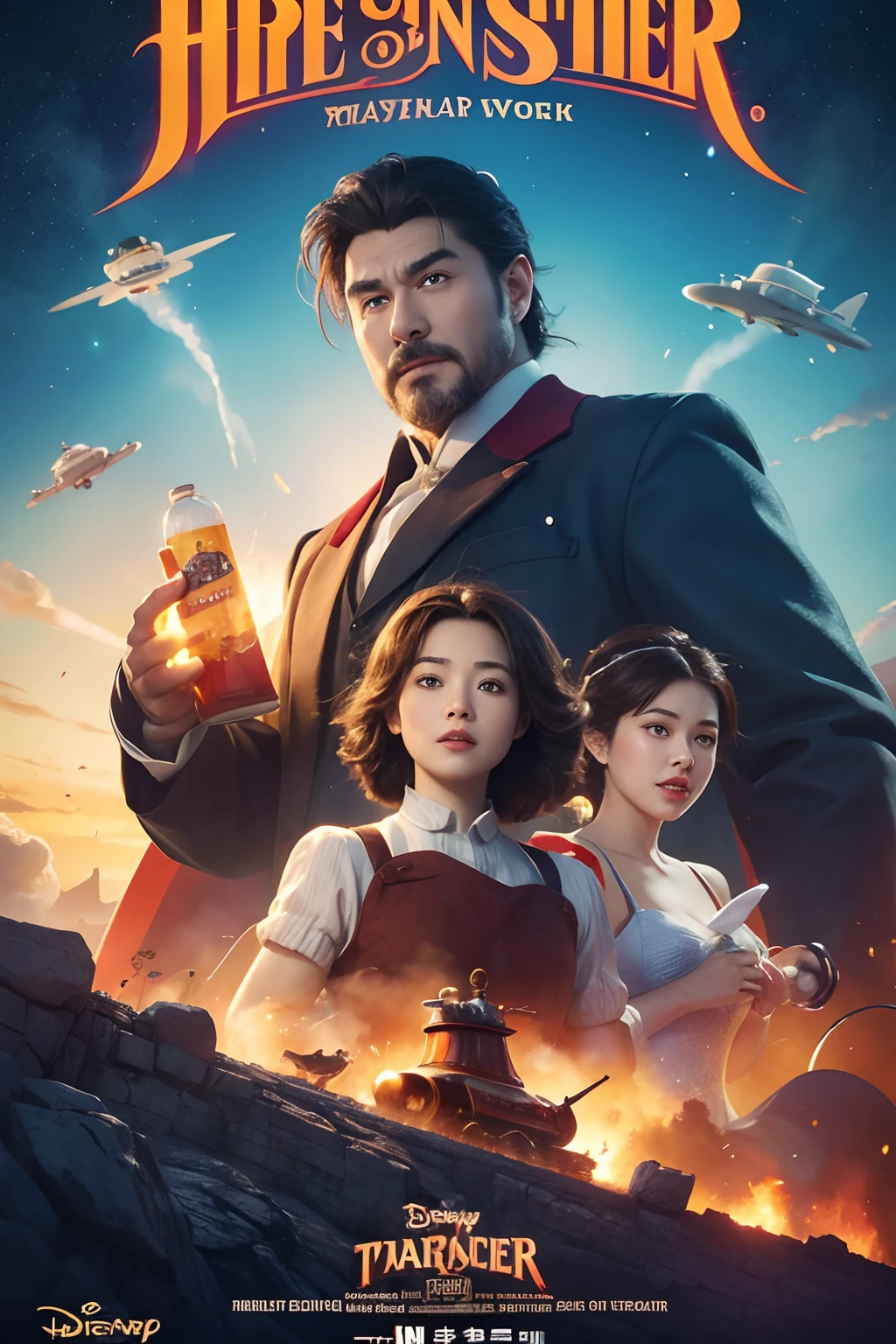 Cartoon Steamer Story（（filmposter）），poster for，（Large characters），Disney animation art style，tmasterpiece，super-fine，Ultra photo realsisim，Hyper-realistic，best qualtiy，8K，Ultra-clear，A high resolution，