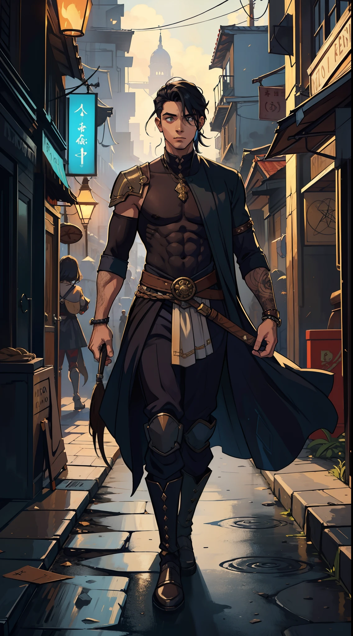 1 Homem lindo jovem Steampuk, Cabelo de lado tattuagens, fundo cidade anoite, uma arte para um Jogo de rpg, Non-human art for an RPG ((perfect strokes)) ((cabelo detalhado))