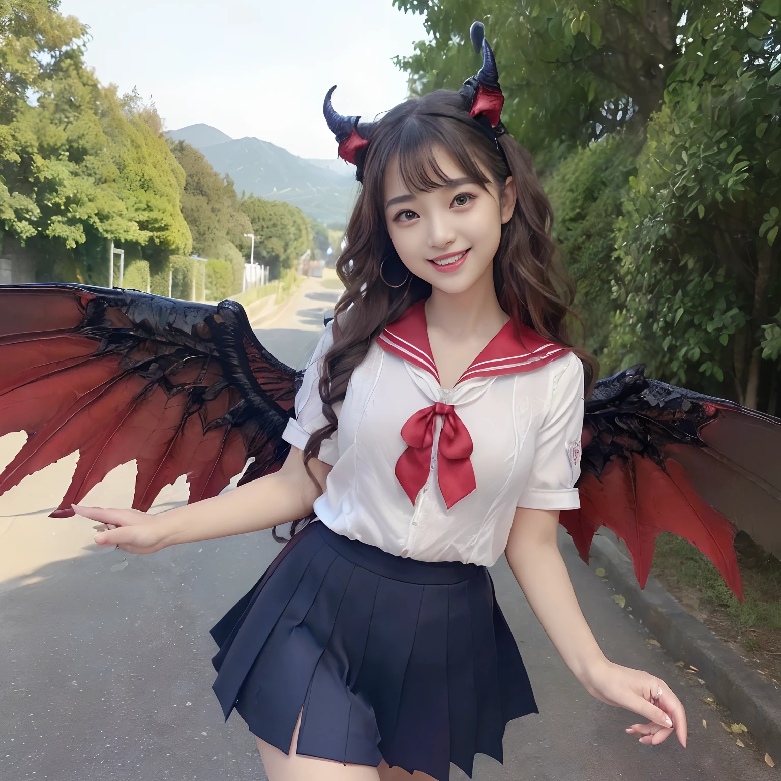 (((masutepiece、top-quality、Depiction of the most intricate and detailed details)))、(Her eyes glow red)、((1 girl、Wearing a sailor suit、School Sailor Uniform、Perfect sailor suit、Red ribbons、Navy skirt))、((Huge and intricate demon wings,Wings with a very elaborate texture,Wings with a very complex texture,Creature wings with a very realistic texture,Wings of a terrifying monster,Horrible and ugly wings、The most terrifying wings、Big Devil's Horn,Realistic and big horns,Creepy horns,Horn with a very elaborate texture、Horrible and ugly horns、((The background is the route to school、Walking along the school route surrounded by nature、Walking on the way to school))、8K,An ultra-high picture quality,The most beautiful idol faces,Mature Face、The biggest smile staring at the camera、美丽的面容、Beautiful teeth、natural make up、Natural bright lighting、Long、waved hair、Classy wavy hair