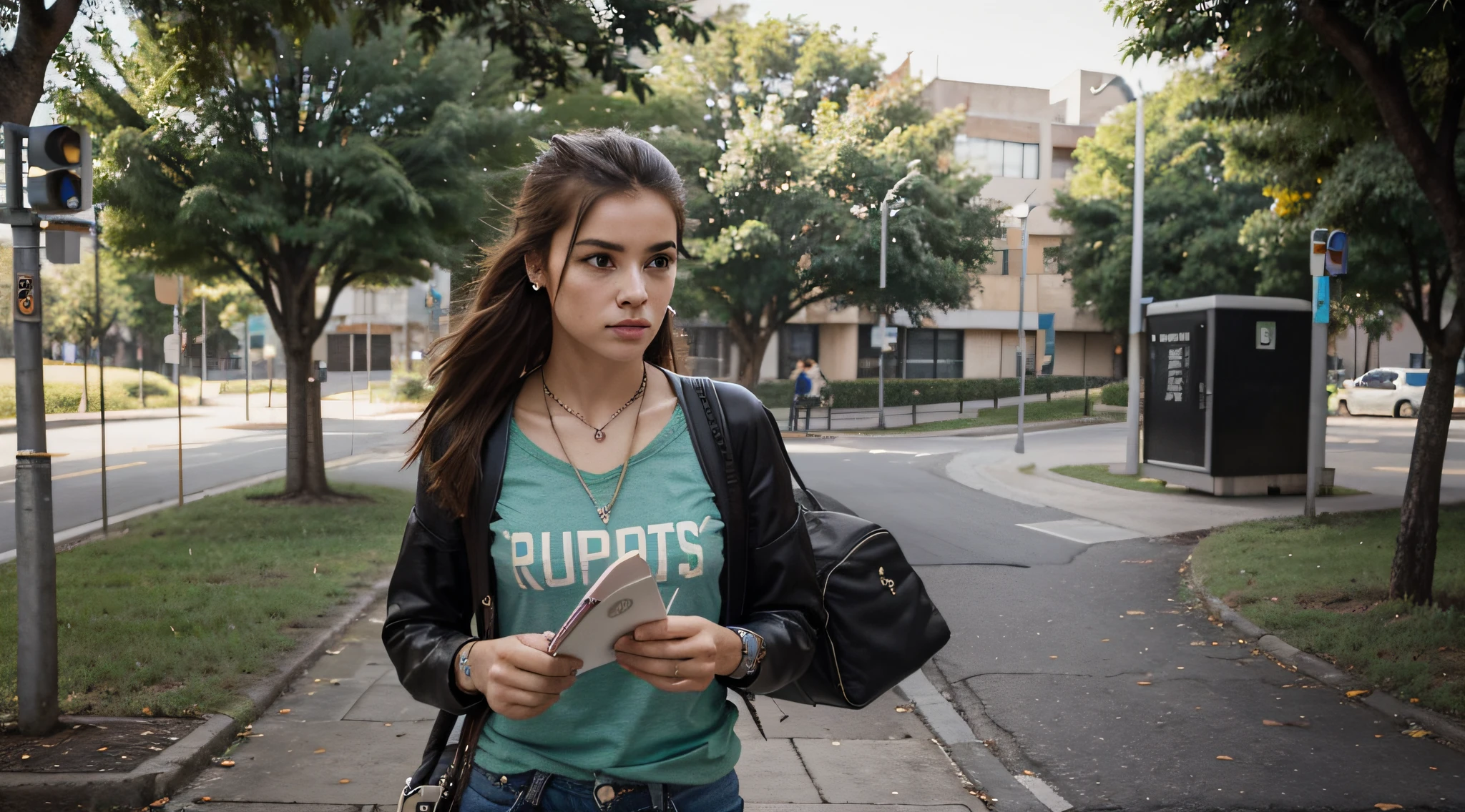 Generate an image of a Brazilian student strolling confidently through a busy university campus. she is tall and slender, com curta marcante, cabelo loiro platinado, who exudes a rebellious spirit;. Her captivating light brown eyes reveal determination and curiosity.

She's dressed in a loose, blusa verde, uma cor que complementa seu comportamento sem rodeios. Nas costas dela, ela carrega um colorido, mochila inspirada no punk-rock, reflecting his unique style. Enquanto ela caminha, She carries a stack of graphite-covered books in one hand, showcasing your passion for literature, And she holds a modern set of wireless earbuds around her neck.

This distinguished student embodies the spirit of a particular student., Book-loving punk on his academic journey, Navigating with confidence in the lively atmosphere of the university campus.