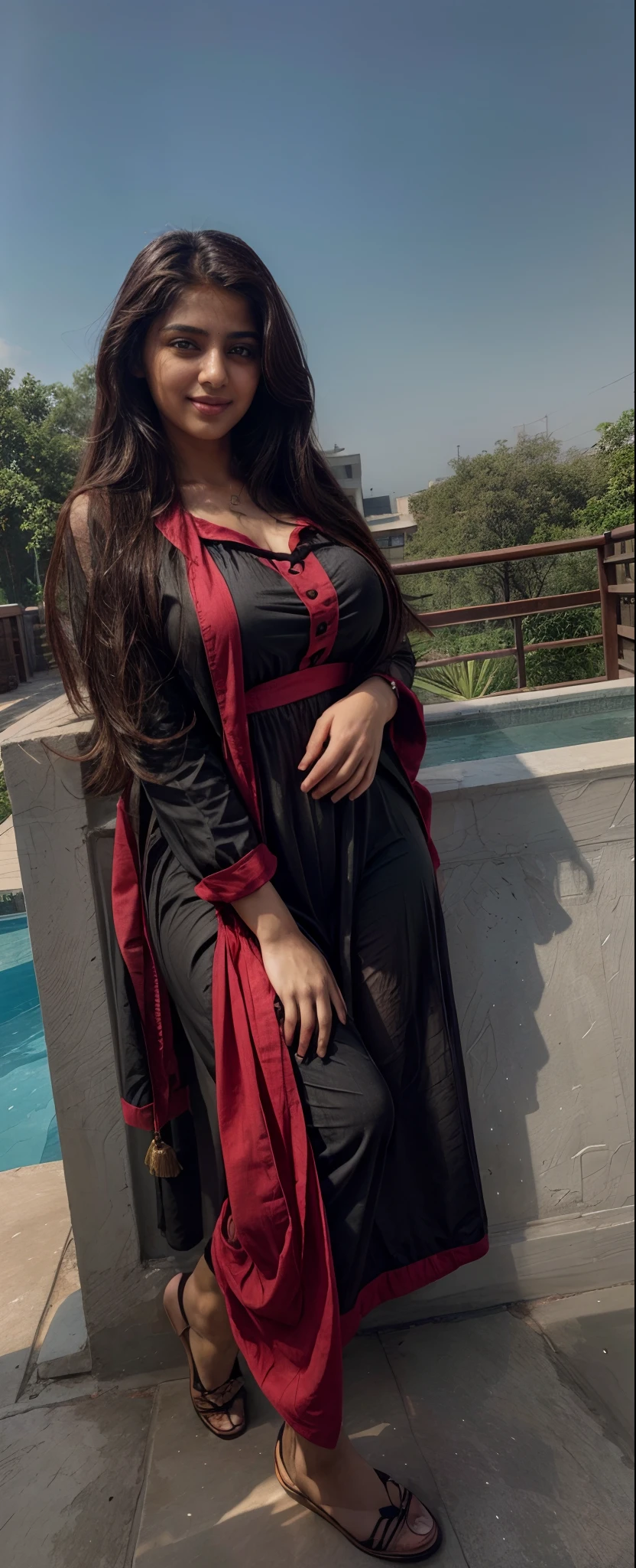 ((Masterpiece)), ((ultra-high resolution)), Pakistani girl,  thick figure, skinny waist and thick hips, long straight hair,fair skin, seductive pose, cute smile, wearing patiala kurti and salwaar,