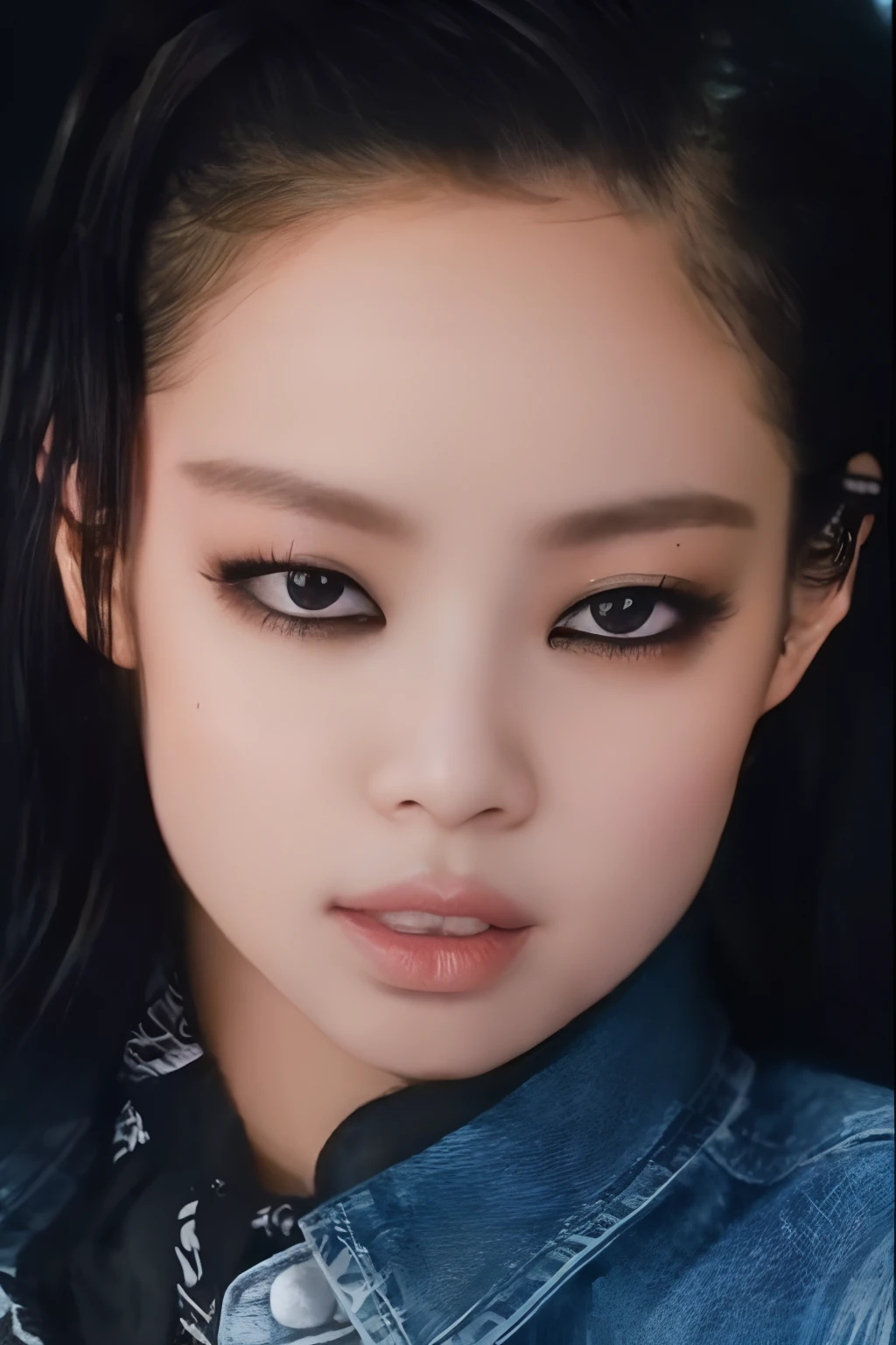 um close up de uma mulher com uma jaqueta jeans e uma gravata, jennie blackpink, jossi do blackpink, Parque Roseanne do Blackpink, Retrato de Jossi de Blackpink, Jisoo do Blackpink, jisoo do blackpink, Retrato Jisoo Blackpink, Asian face, tzuyu de duas vezes, detailed face of a asian girl, Gongbi, Ayami tem, Jinyoung Canela