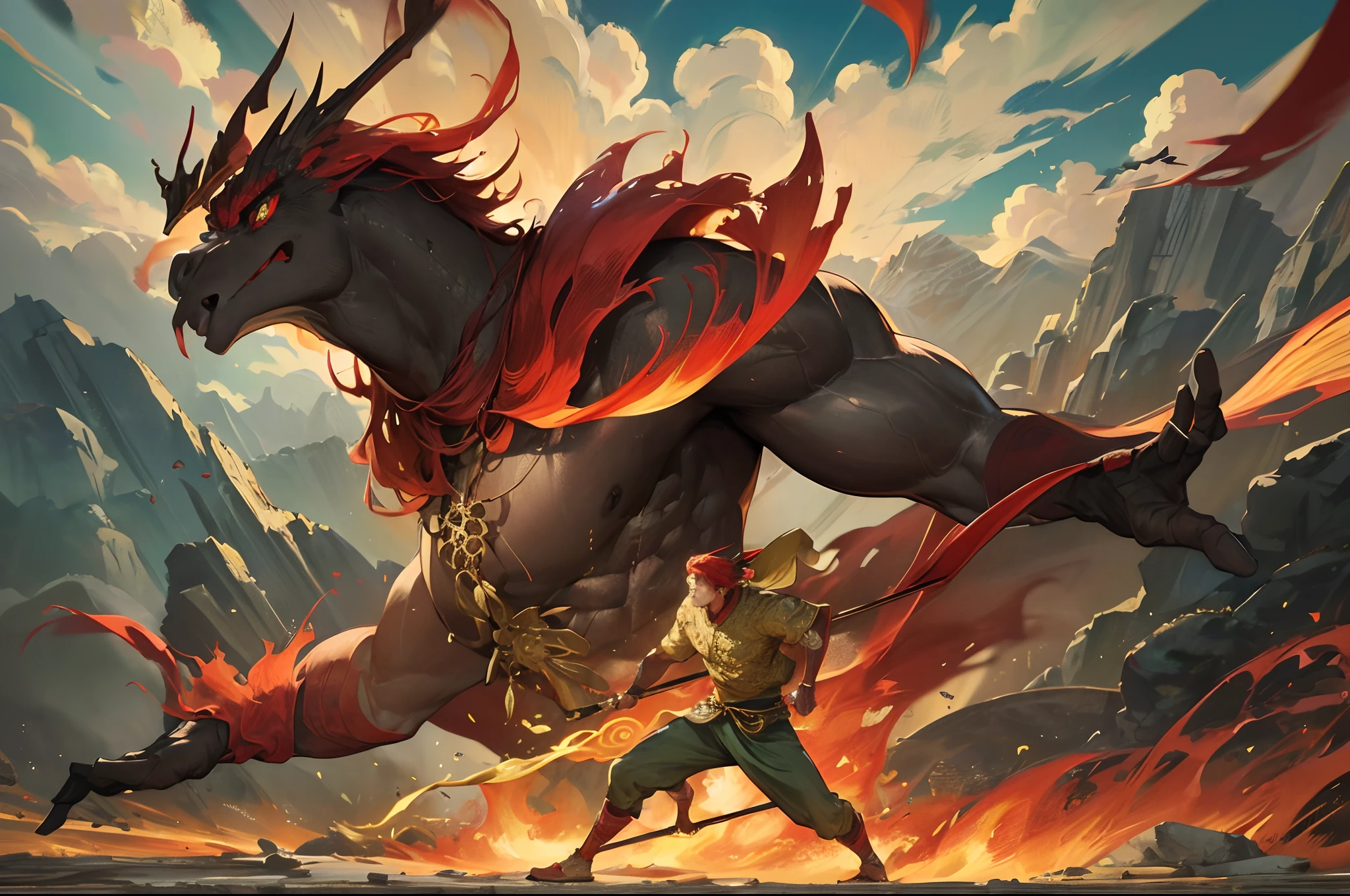 Kappa,Bright red hides,Earth-colored filaments,Black-gold staff,Cloud,Bichromatic pupils,twilight,musculature,In the wilderness,parched,High image quality,A high resolution,epic,masterpiece,Impeccable,Ultra vision,Huge poster,Fantastic classics,Chinese mythological style,Sha Wujing