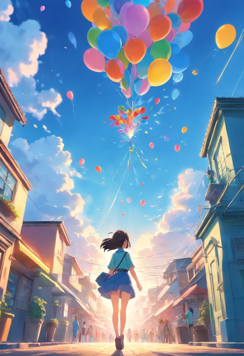 (Masterpiece, Best quality, Ultra-detailed, Extremely detailed Cg Unity 8K wallpaper),A balloon and many balloons fly in the blue sky,blue-sky,Lots of clouds,Colorful balloons,extremely colorful
