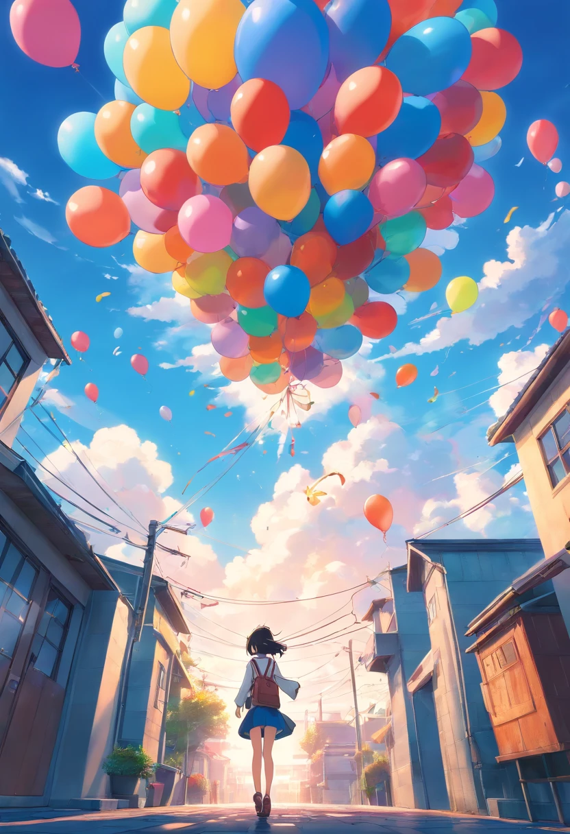 Draw a van with balloons floating in the air, stunning art style, RHADS!!!, digital cartoon painting art, in style of atey ghailan, beautiful retro art, in style of digital illustration, hand painted cartoon art style, atey ghailan 8 k, rhads and lois van baarle, Inspired by Atey ghailan, author:Jerry Weiss