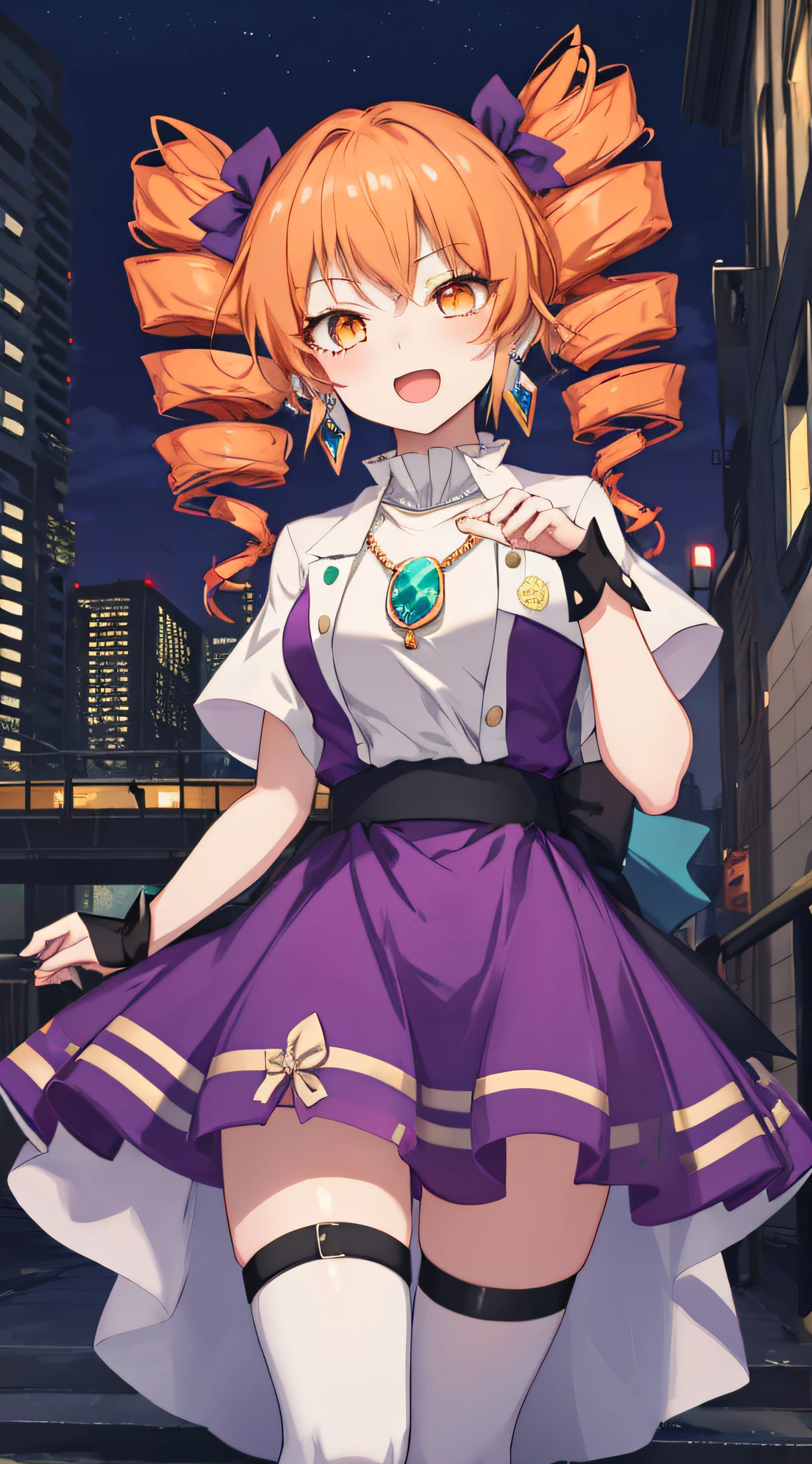 1girl, solo, yorigami jo'on, orange hair, orange eyes, jewelry, pendant, earrings, looking at viewer, outdoors, crowd, makeup, Magical girl, twin drills, drill hair, night city, open mouth, smiley, modern city, tachi-e, high details, high quality, super detail, anatomically correct,old money,stockings,purple dress,stigma