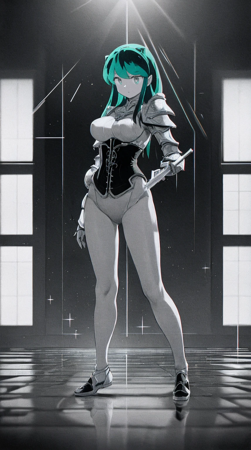 masterpiece, best quality,medieval armor, corset, breastplate,lum, , urusei yatsura,pulllover,Romanticism, Gothic art, anime, Renaissance, Conceptual art, chiaroscuro, depth of field, cinematic lighting, motion blur, chromatic aberration, sparkle, glowing light, god rays, ray tracing, reflection light, backlighting, blending, bloom, chromatic aberration abuse, dithering, drop shadow, film grain, Fujicolor, halftone, image fill, motion lines, multiple monochrome, optical illusion, anaglyph, stereogram, scanlines, silhouette, speed lines, vignetting, UHD, retina, masterpiece, ccurate, anatomically correct, textured skin, super detail, high details, high quality, award winning, best quality, highres, 1080P, HD, 4K, full body, standing,