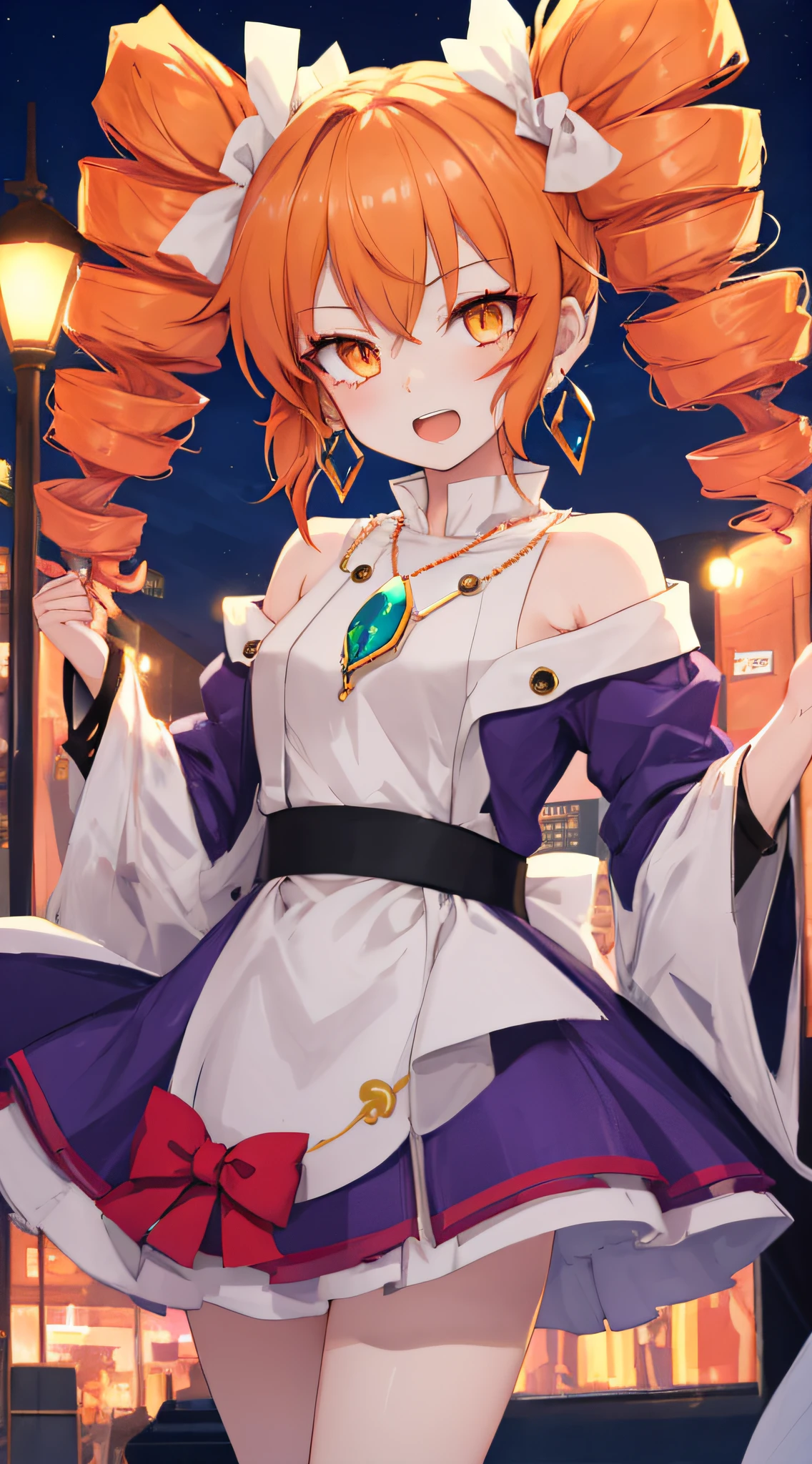 1girl, solo, yorigami jo'on, orange hair, orange eyes, jewelry, pendant, earrings, looking at viewer, outdoors, crowd, makeup, Magical girl, twin drills, drill hair, night city, open mouth, smiley, modern city, tachi-e, high details, high quality, super detail, anatomically correct,old money,stockings,purple dress,stigma