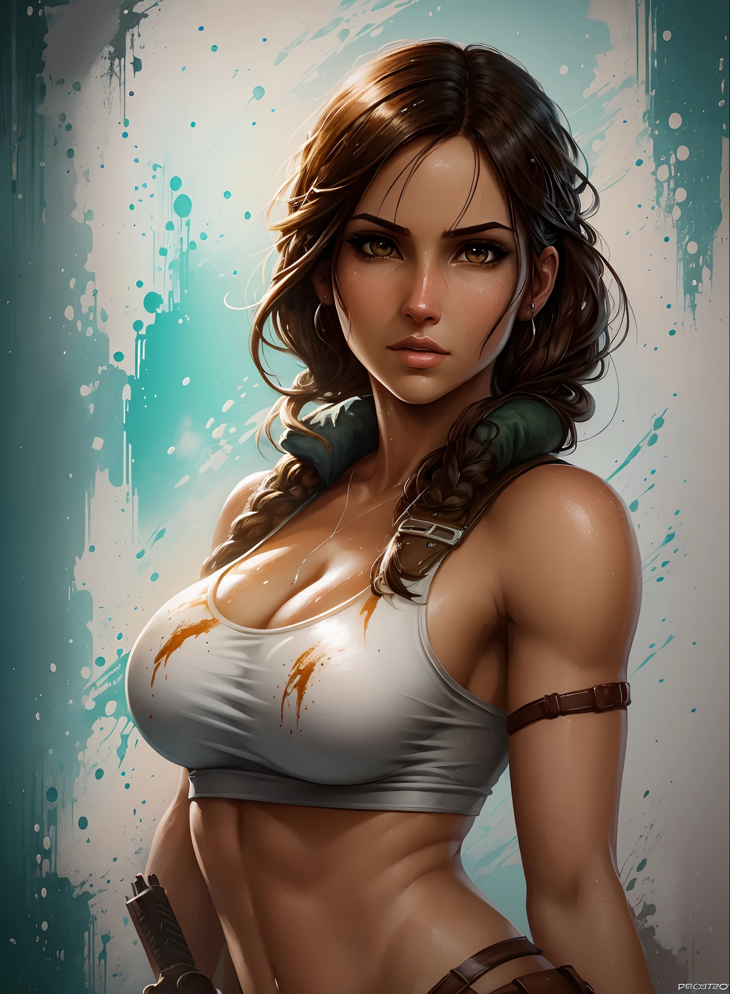 full body image,Masterpiece, best quality, Show off your best figure, Very realistic, Highly detailed face, Clean and delicate face, whole body(Masterpiece best quality: 1.2) "Lara Croft Tomb Raider Sexy Anime Style Sexy, Charming, Charming, Big Breasts" Running has wounds, Blood seeps out, And the atmosphere of fierce fighting is all around., In the style of leading portrait painters.