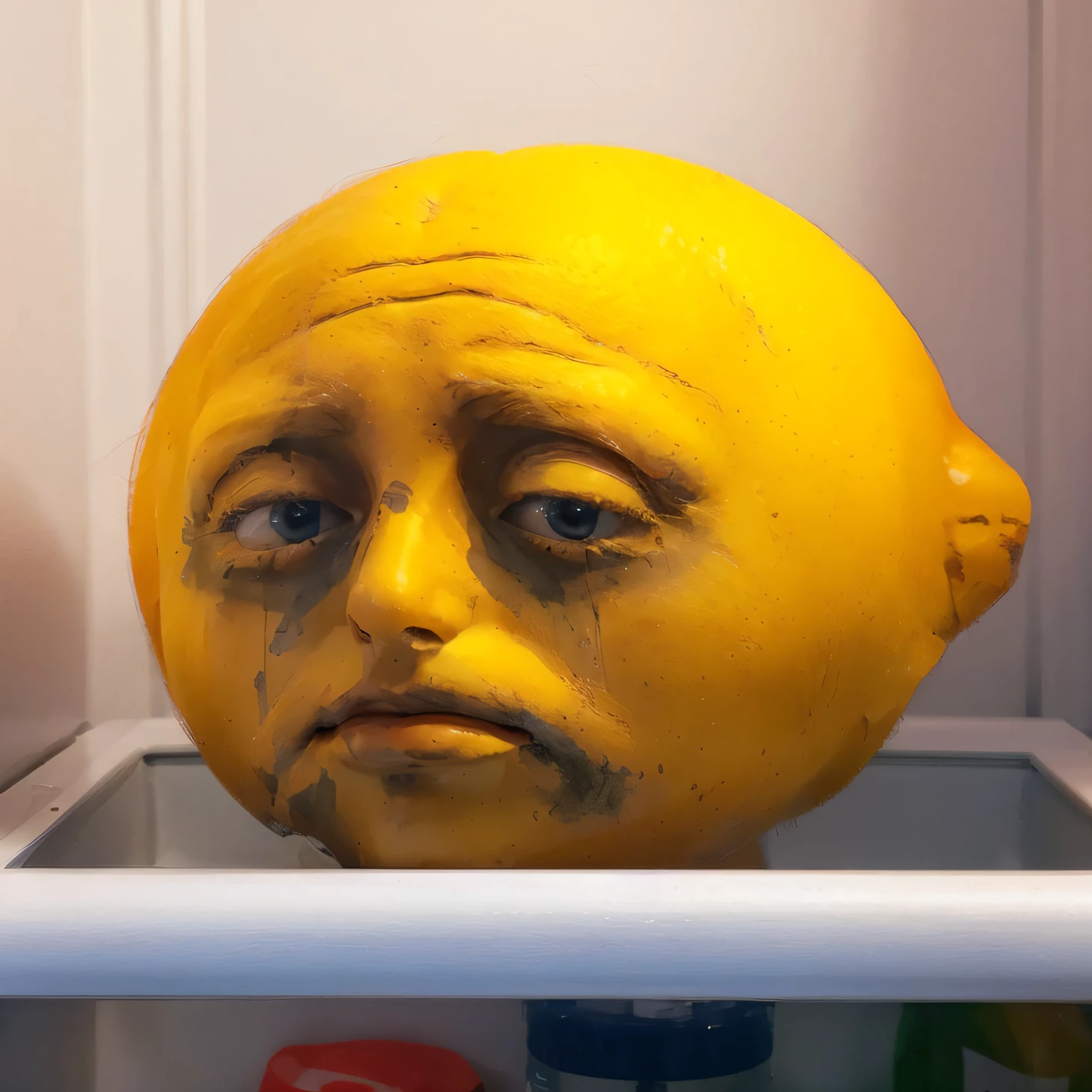(triste,emotionally distressed),oranje(character),insidethestoragerefirgerator,emocionateyetpressed(facial expressions),Apartfromthedescriptionofthecharacter,Additionalelementsareripeorange,hedepressedgaze,arestrefrigeratormovingmagnificentmodeling,andothersincludecoolbluegloss,coldness,airhumidifier,true-fruitlooking,colorfullighting,evokeatmospherefeelings,andreflectionroomcommunication.